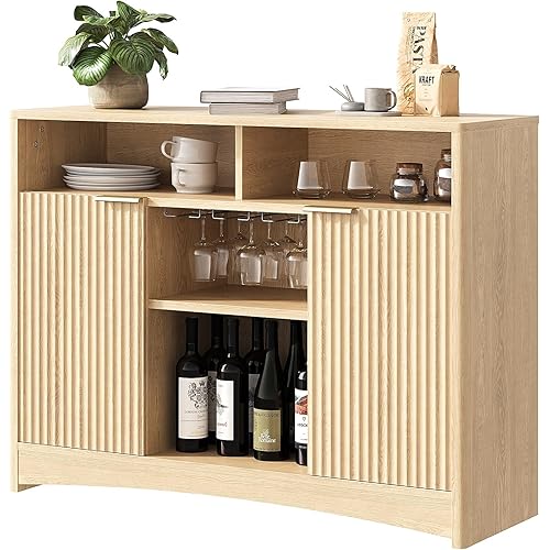 Marsail 47.2" Bar Cabinets with Storage, Modern Buffet Cabinet, Large Sideboard with 2 Fluted Panel Doors, Coffee Bar Cabinet with Adjustable Shelf and Glass Rack for Kitchen, Living Room, Natural Oak