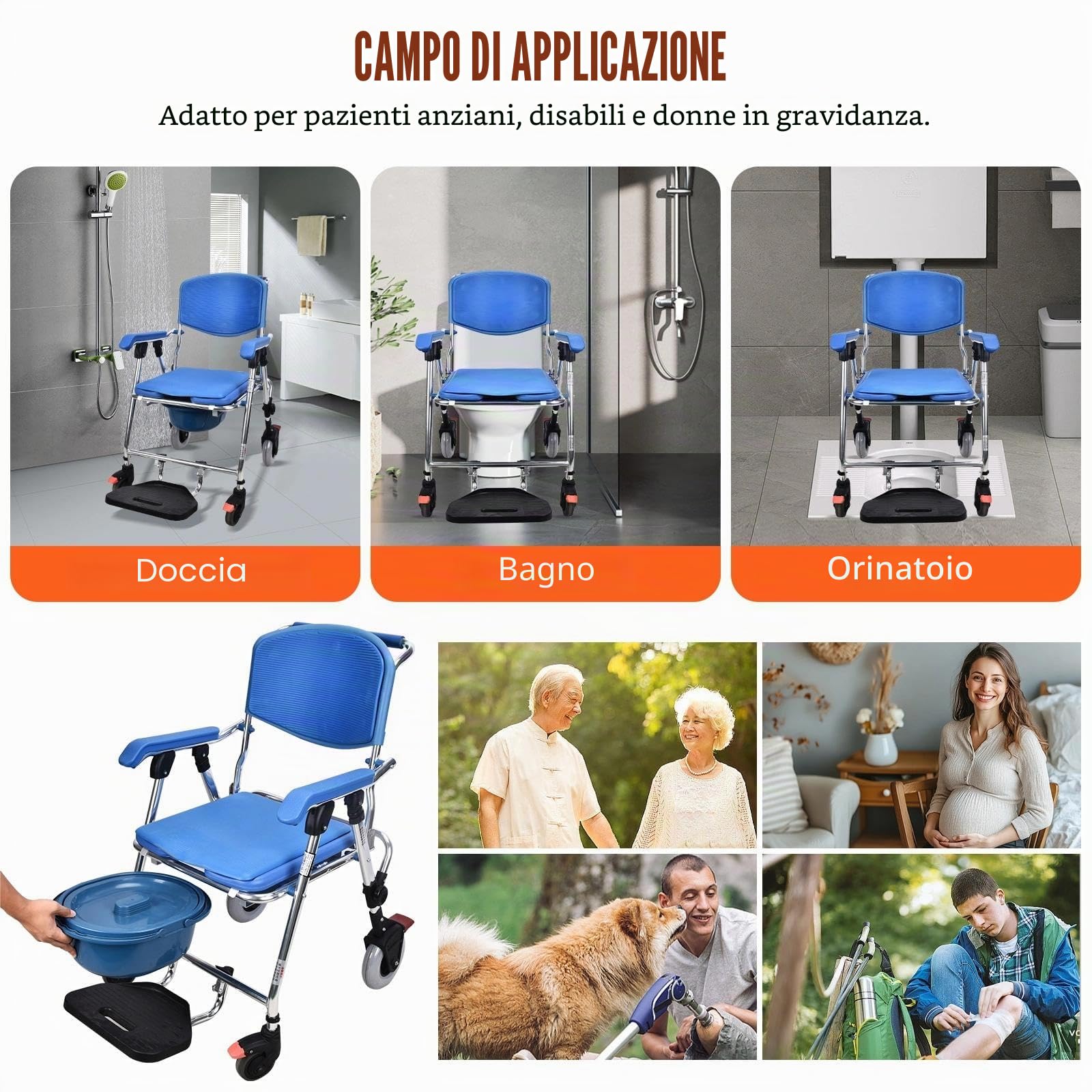 Sedia Comoda WC per Anziani con Rotelle, Capacità di Carico:150kg | Sedia Doccia Disabili con Ruote Pieghevole, Sedia a Rotelle Doccia con Seduta e Schienale Comodi, Quattro Ruote con Freni