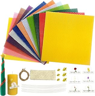 kissingfish Beeswax Candle Making Kit, Colored Beeswax Candle Sheets 12 Pcs, Full DIY Candle Making Kit Include 10 Cotton Candle Wicks,6 Bee Ornaments Decor, 50cm Lace, 6 Gift Tags with Paper Rope