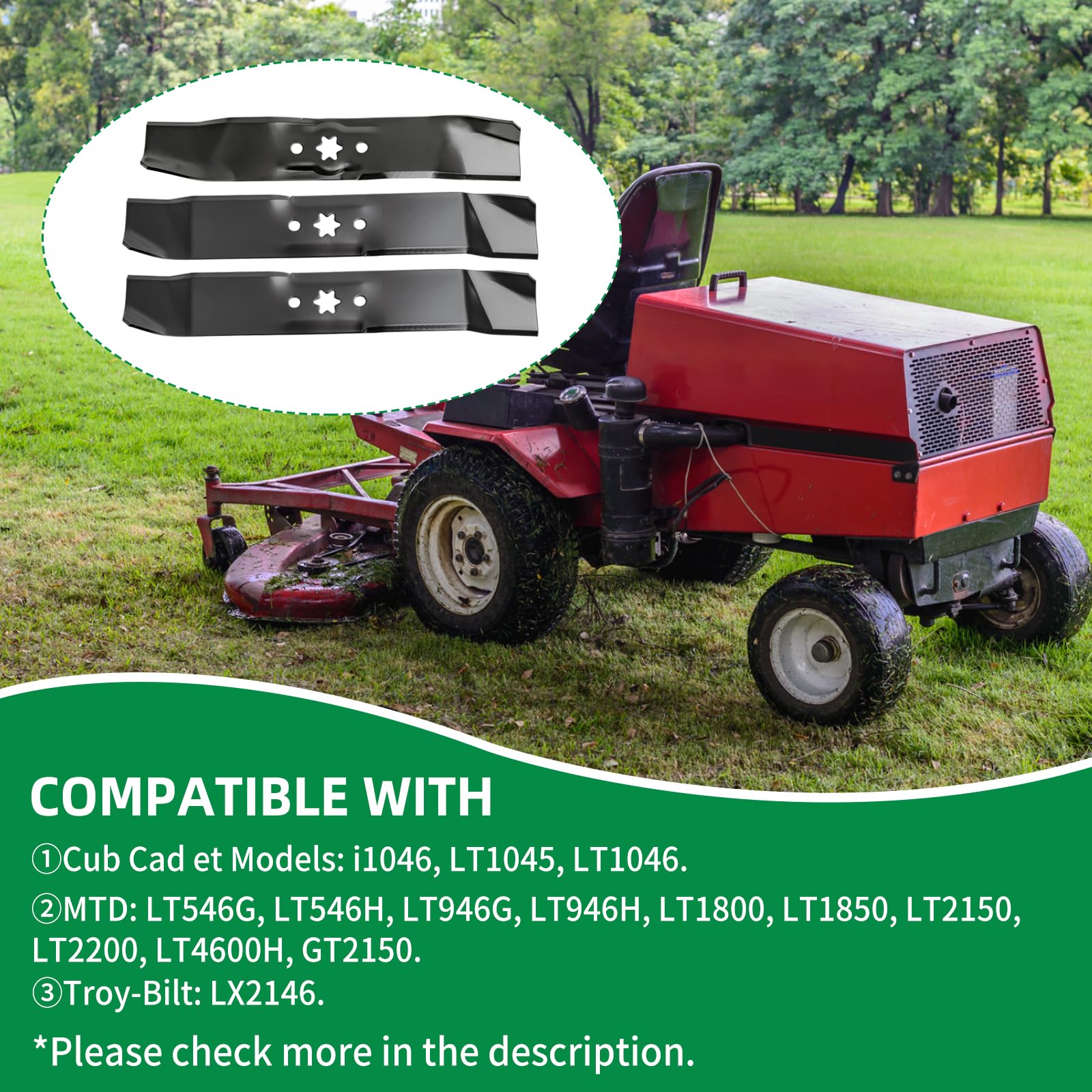 Kit de cuchillas para cortacésped 942-04125 y 942-04124, compatible con cubierta Cub Cadet/MTD/Troy Bilt de 46 pulgadas, cuchillas de repuesto para cortacésped LT1045 LT1046 i1046, reemplaza 742-04124
