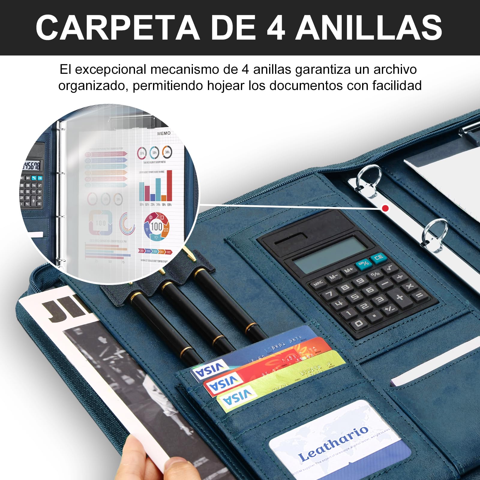 Leathario (Negro-A4) Marcas de Portafolio de Carpeta Plegable de Mano de PU para Hombres, Diseñado para Negocio y para Tomar Notas