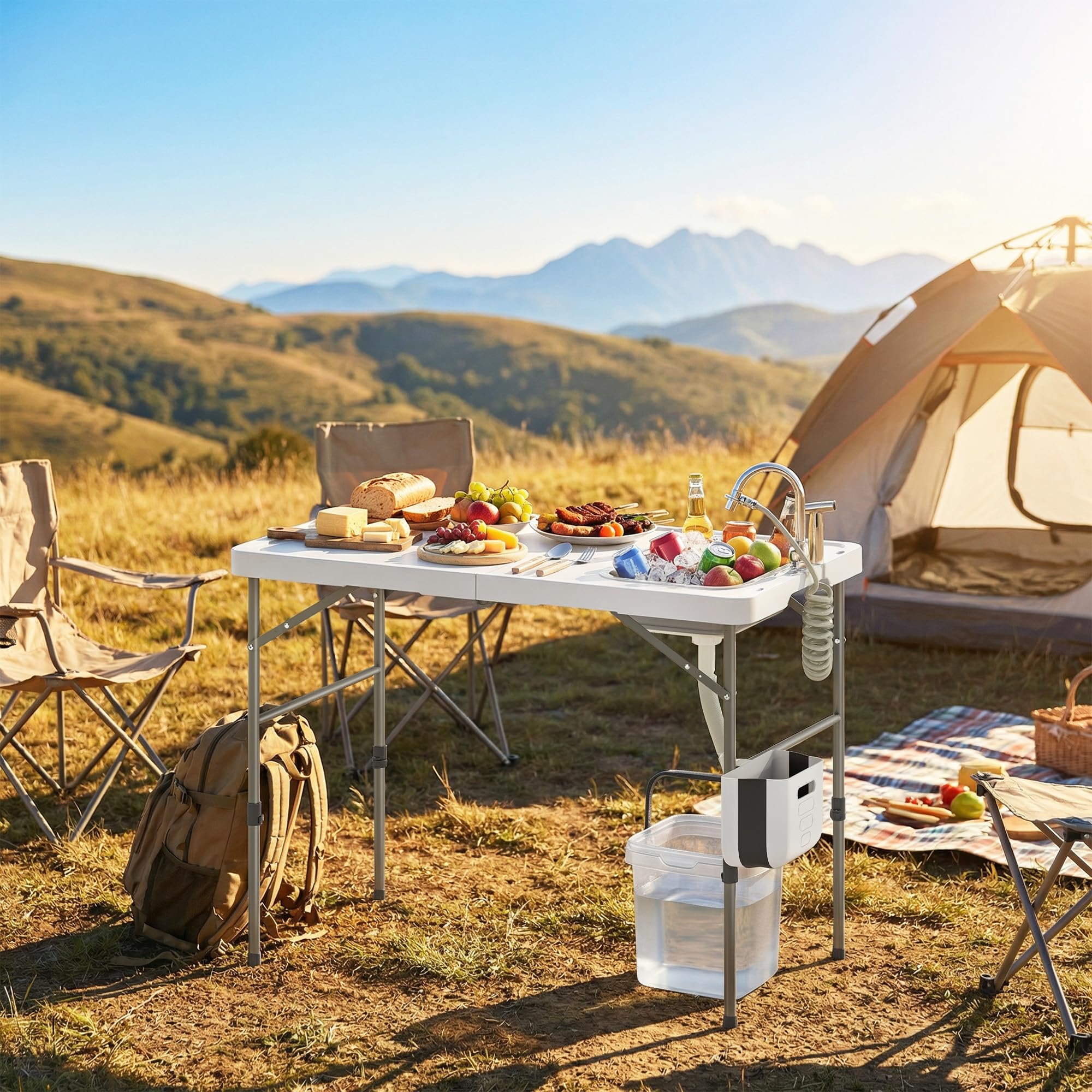 Outsunny Table de Nettoyage Portable pour Poissons, Table Pliante de Camping à Hauteur réglable, Robinet, évier et Panier Pliables, Tuyau, Sac de Transport, règle, rainures, Station de Nettoyage pour