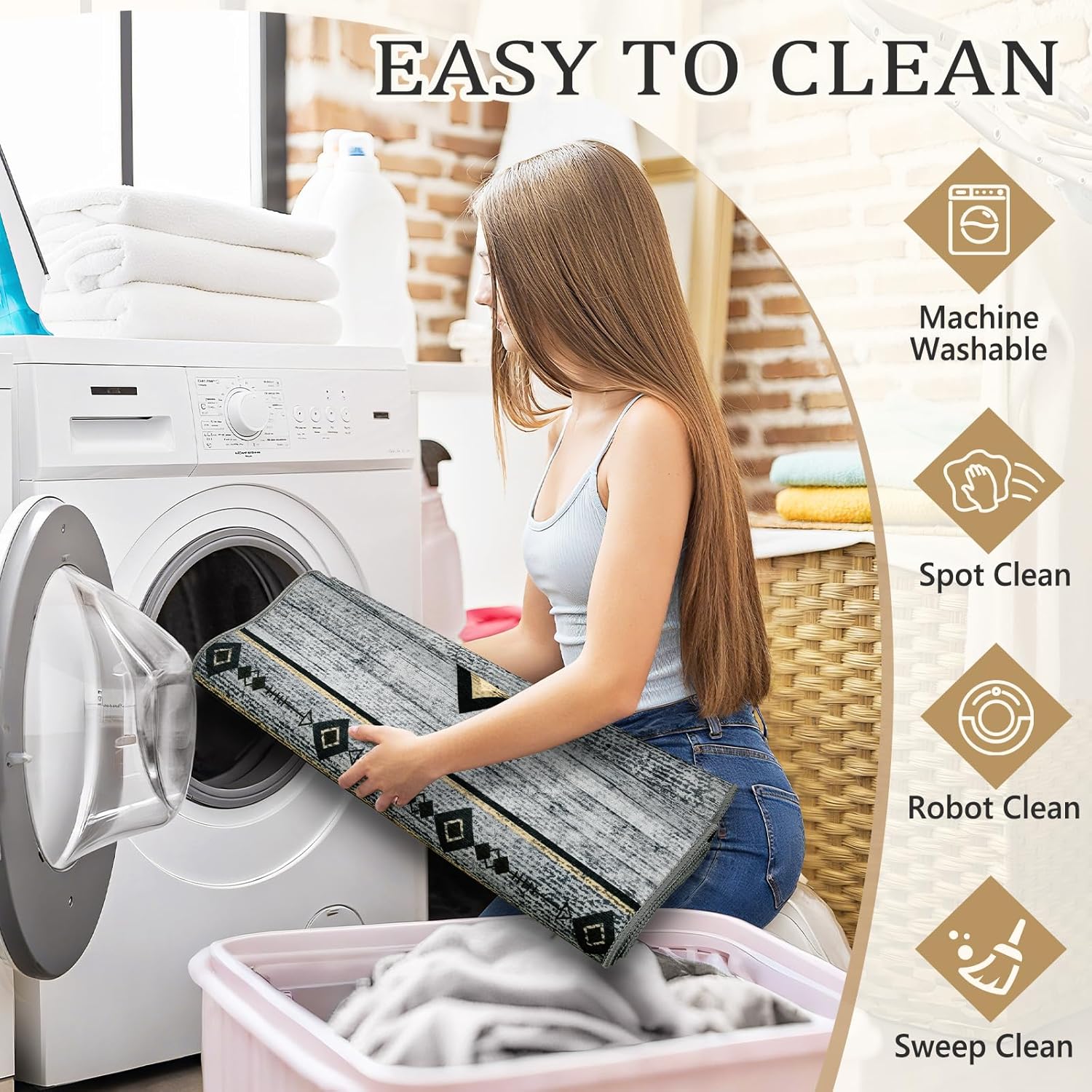 Western Rugs for Living Room, Non Slip Rustic Rug for Bedroom Dining Table Kitchen, Washable Aesthetic Area Rugs for Home Decor, 5ft x 7ft, Grey