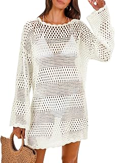 ANRABESS Women's Crochet Swim Cover Up Beach Dress - Long Sleeve Sheer Knit Swimsuit Coverup for Summer Vacation
