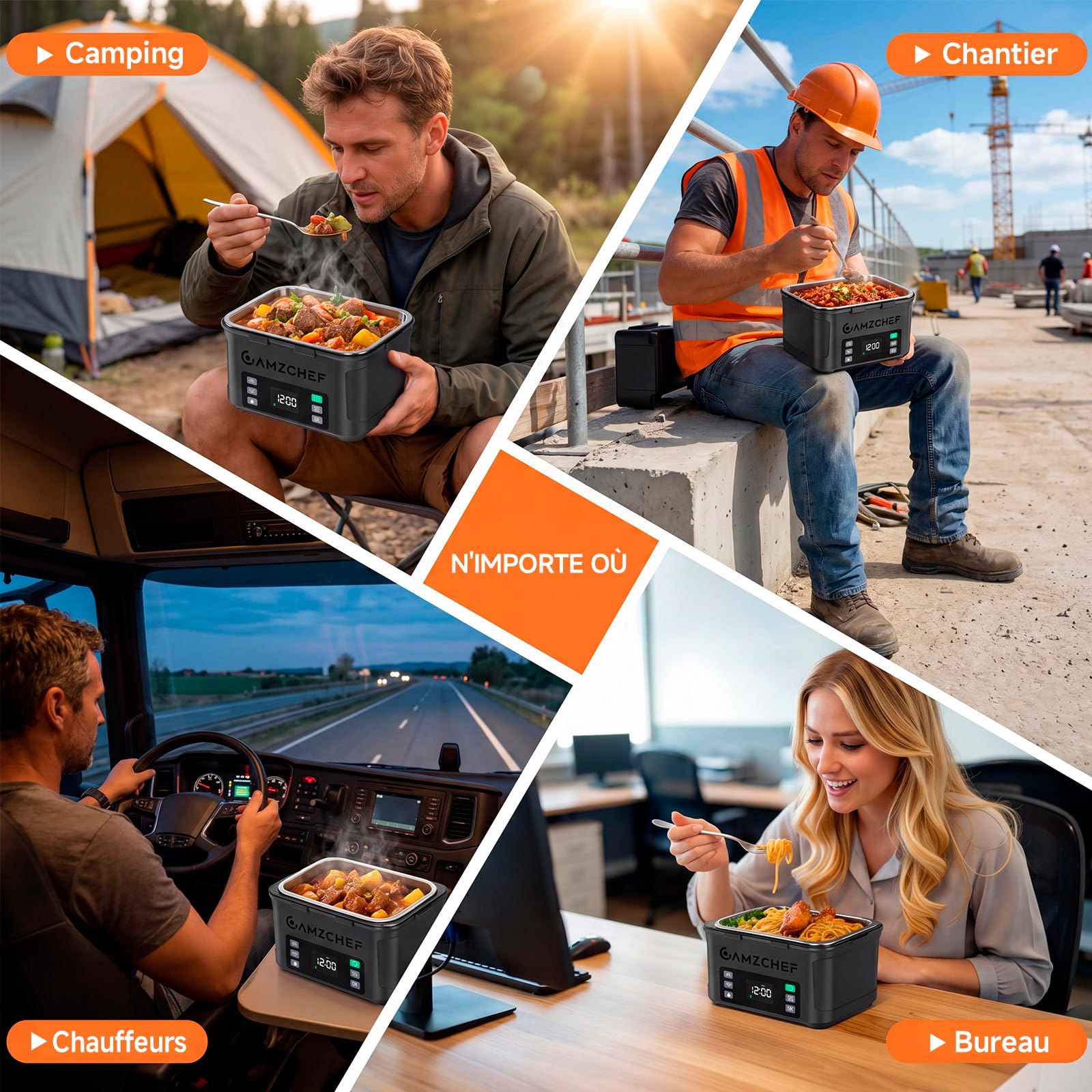 AMZCHEF Gamelle chauffante 1,5 L - lunch box chauffante Électrique 27000mAh, chauffage sur 5 faces, fonction de réchauffage instantané, avec horloge et mémoire, recharge rapide en 3,5 heures(noir)