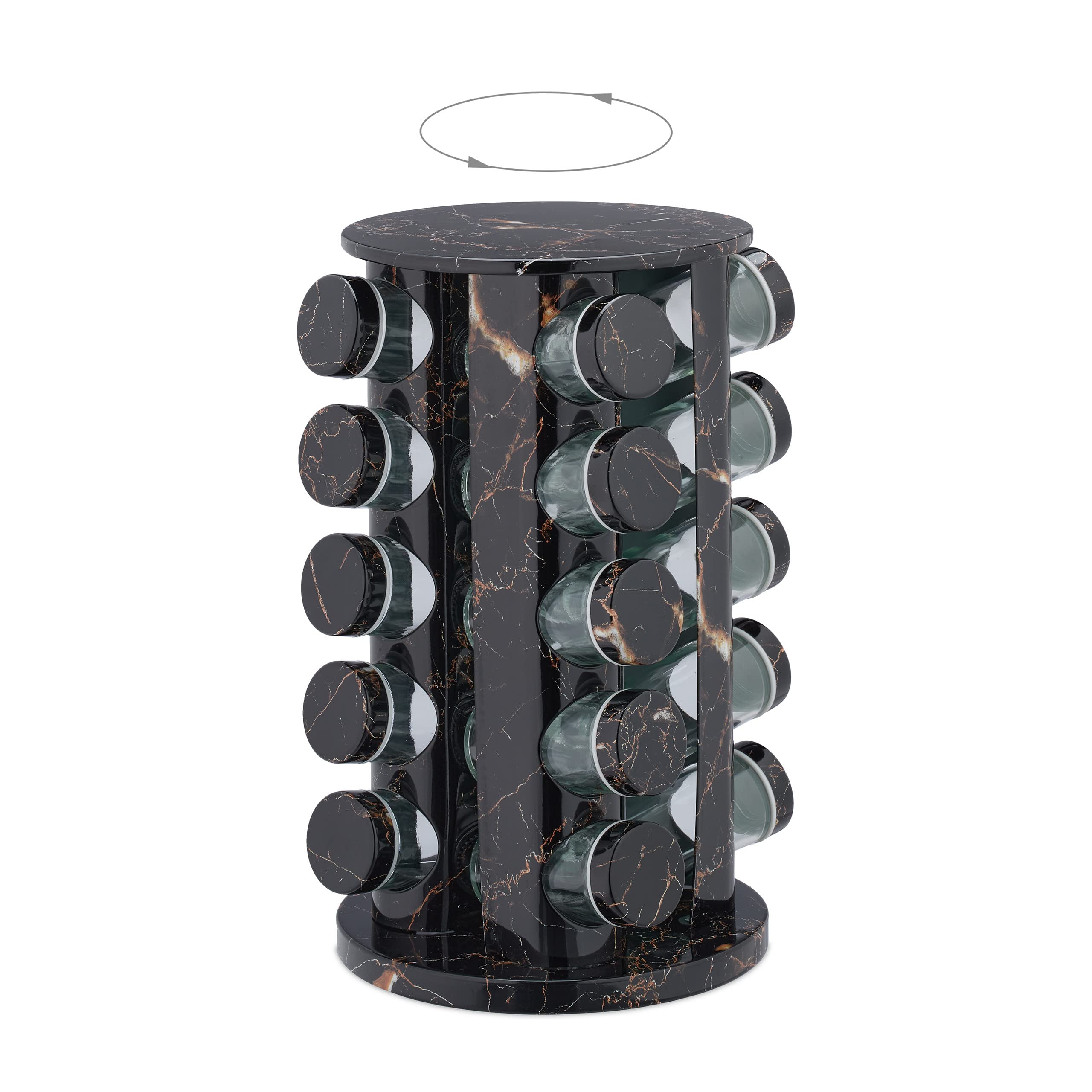Relaxdays Especiero Giratorio con 20 Botes, con Dosificadores, Rotatorio, Tarros Rellenables, Efecto Mármol, Negro