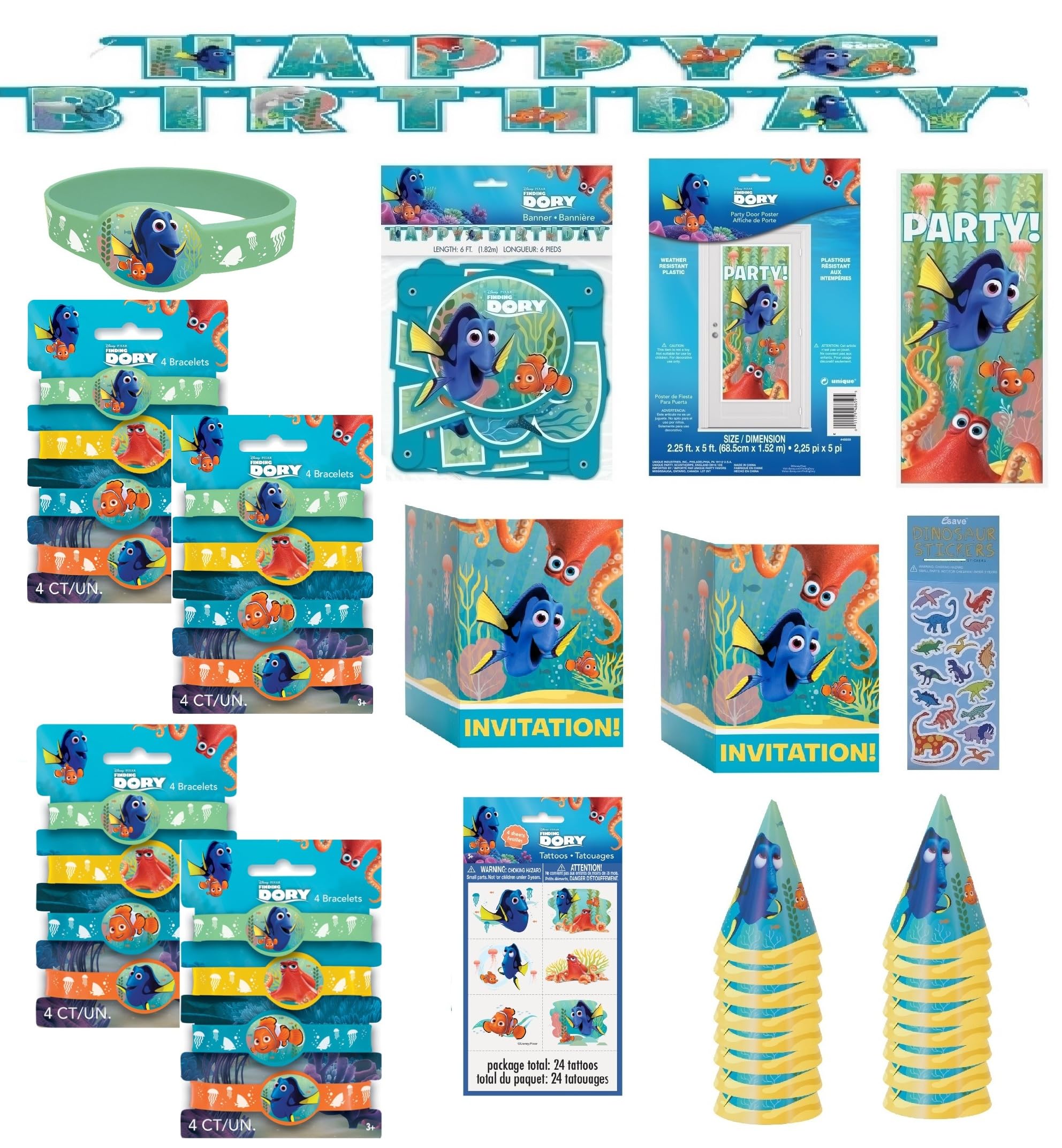 Finding Dory Birthday Party Supplies Bundle include 1 Happy Birthday Banner, 16 Party Invitations, 16 Party Cone Hats, 24Tattoos, 1 Party Door Poster,