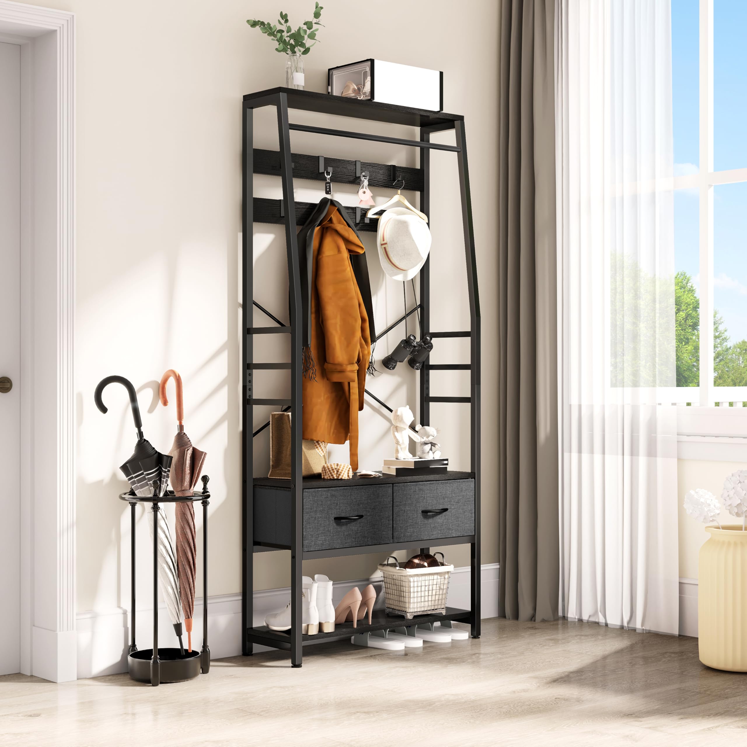 Yitahome Black Coat Rack, 6-In-1 Hall Tree With 2 Drawers Floorstanding Coat Stand With Shoe Storage Wood And Matel Clothes Rail With 8 Hooks, For Hallway Living Room Entryway Bedroom,