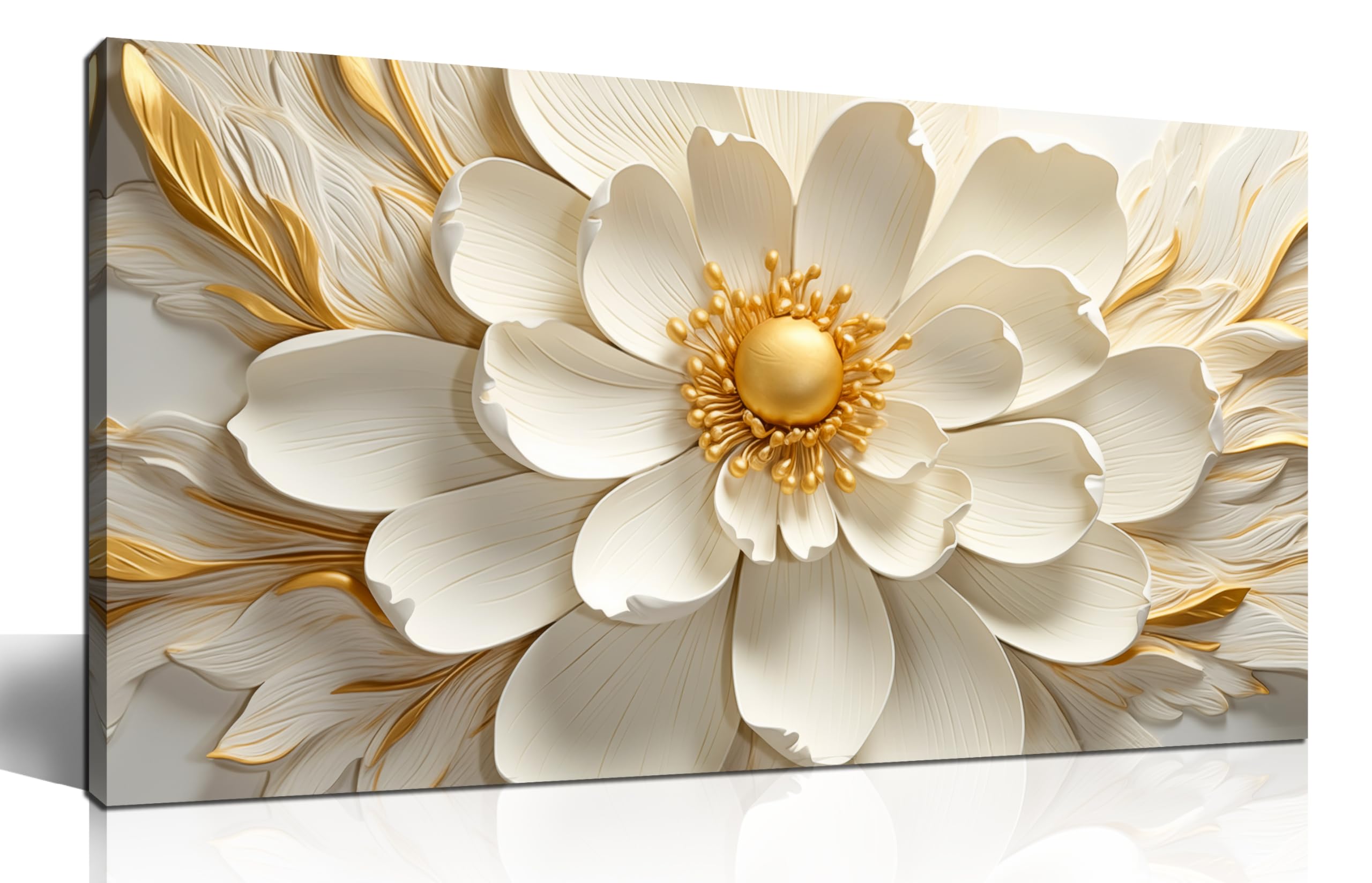 AUUZAIUA Large White Floral Wall Art for Living Room Gold Flower Modern Canvas Prints Artwork for Bedroom Office Home Decor 20x40 In