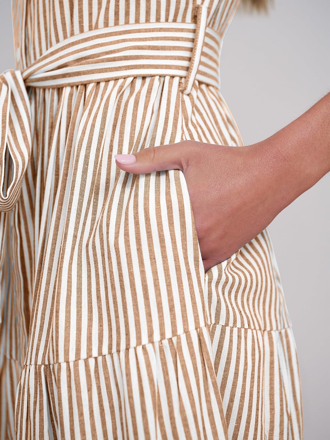 Caracilia Womens Summer Casual Ruffle Cap Sleeve Maxi Dress Button Down Striped Plaid Tie Waist Vacation Long Shirt Dresses - Image 6