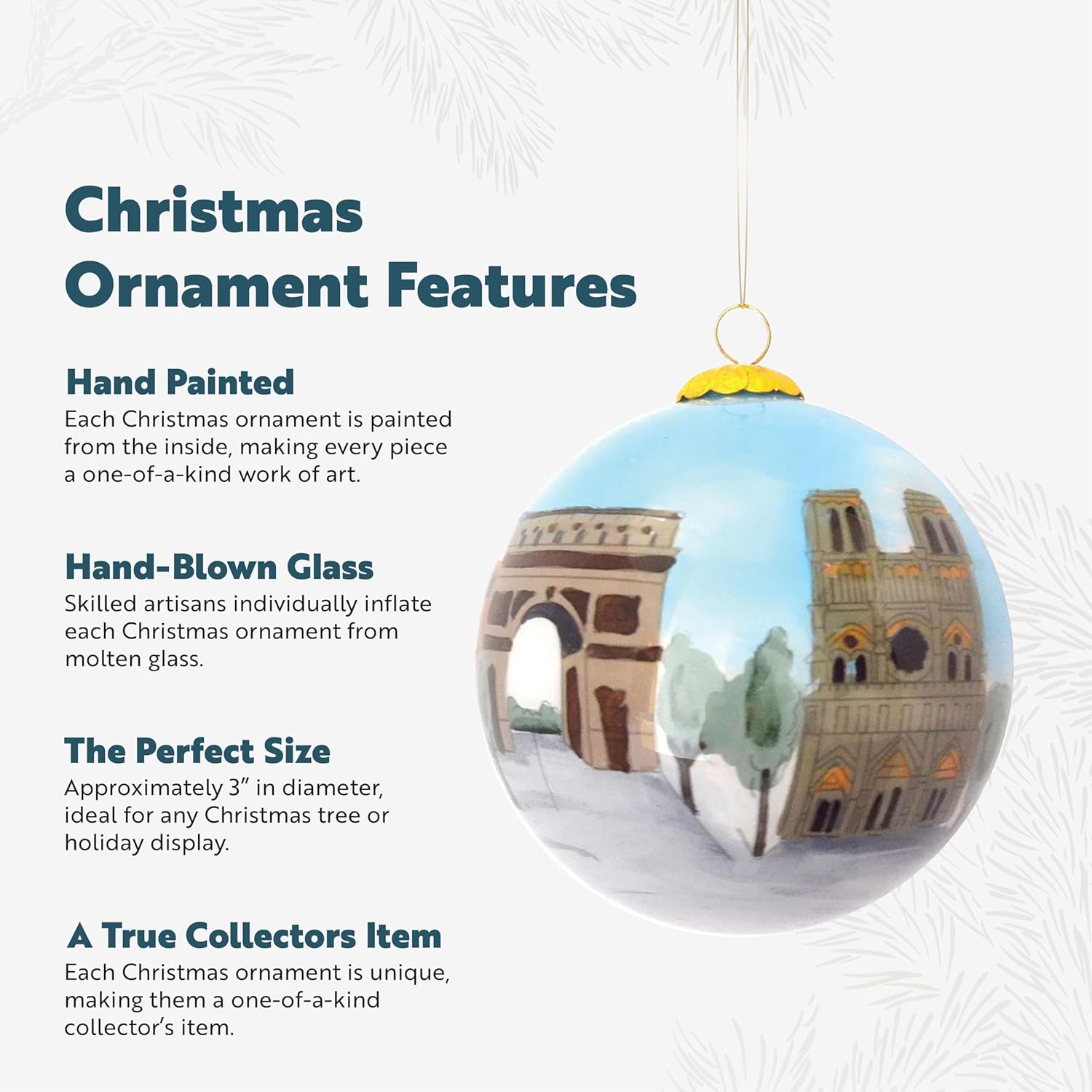 Hand Painted Glass Christmas Tree Ornament, Paris France Landmarks, 3" Handcrafted Blown Glass Ball, Eiffel Tower, Arc de Triomphe Notre Dame, Gift Box Included