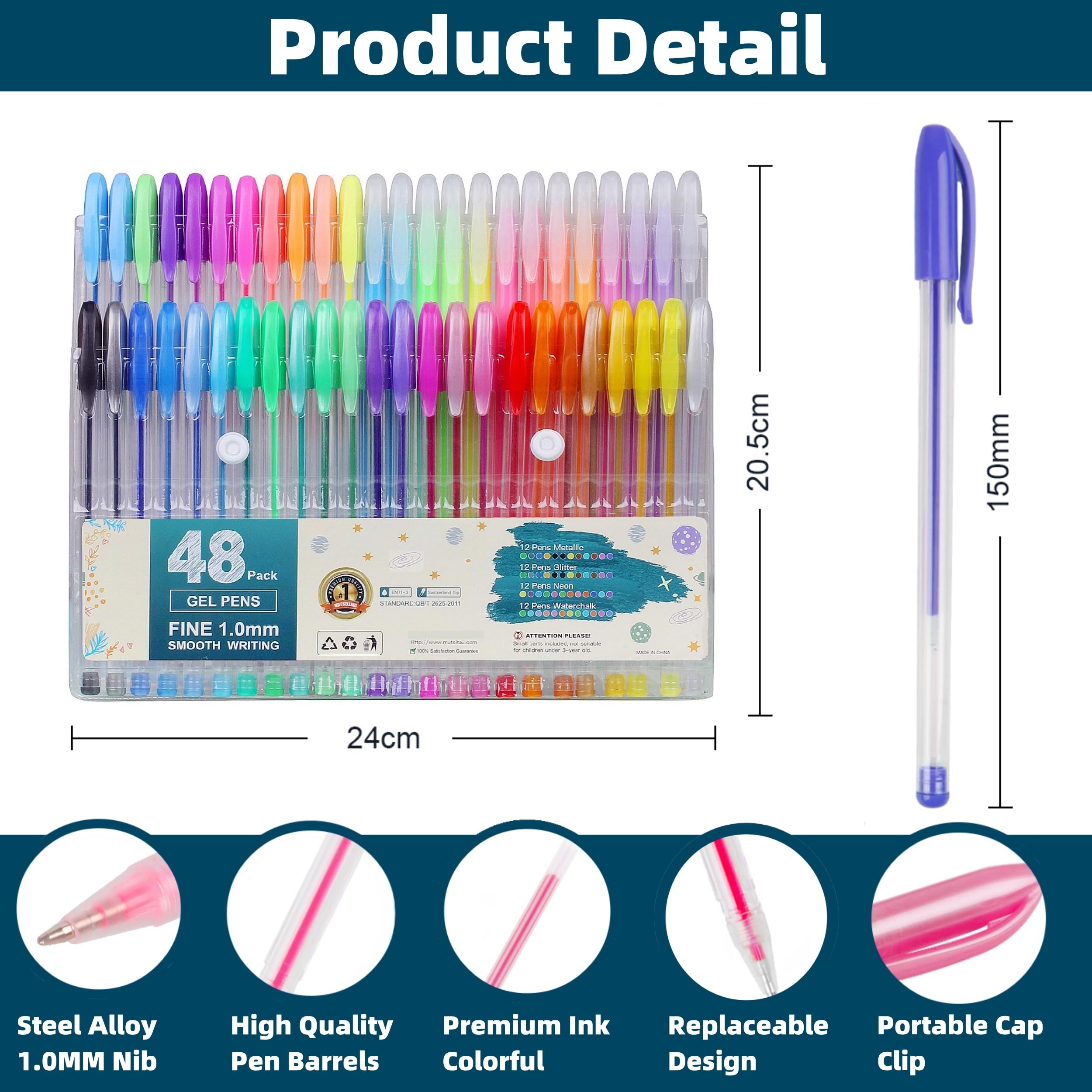 Betarami Set di 48 penne gel colorate, tra cui 12 glitter, 12 metallizzate, 12 neon, 12 gesso ad acqua, penne gel da 1,0 mm per forniture per artisti, libri da colorare, disegno