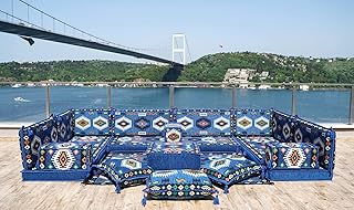 Blue Floor Pillows, Corner Floor Sofa Seating, Floor Cushions, Arabic Majlis, U Shaped Arabic Sofa Set, Oriental Floor Seating, Arabic Jalsa (U Sofa + Rug)