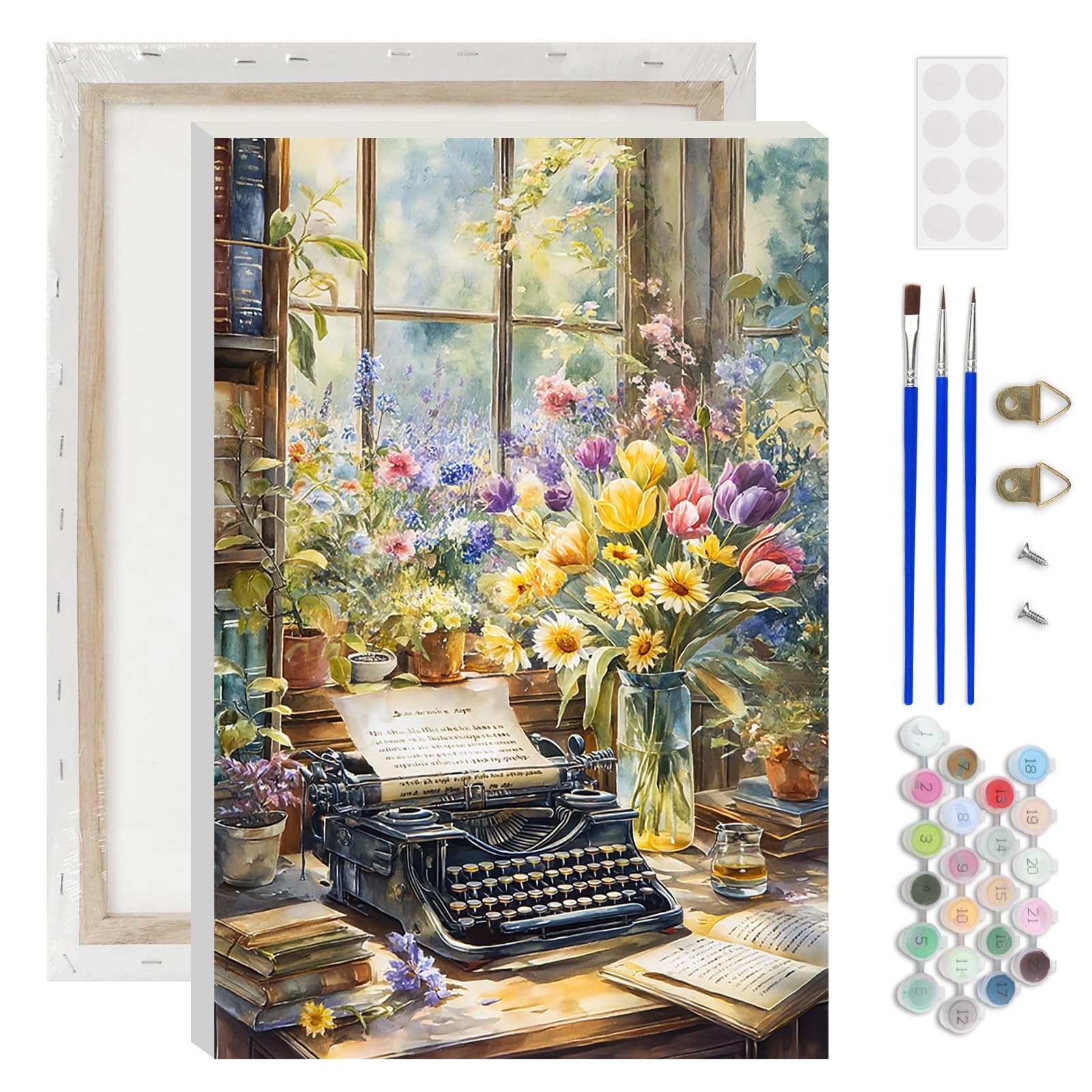 AIRDEA Typewriter Flowers Paint by Numbers for Adults, Window Painting by Numbers for Adults, DIY Acrylic Pigment Drawing Paintwork Arts and Crafts Painting Kit for Home Decor 8x12 inch (Framed)