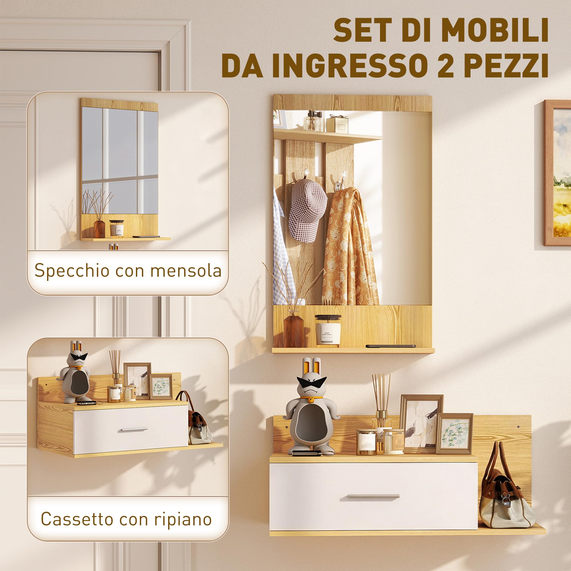 HOMCOM Set Mobili Ingresso con Specchio, Mobiletto a Parete con Cassetto e 2 Ripiani Aperti per Soggiorno, Camera da Letto, Ingresso, Legno Naturale