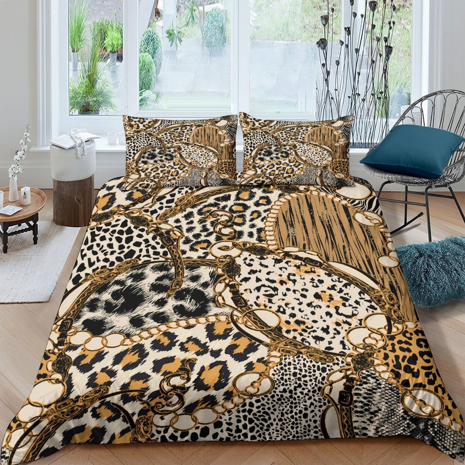 GPLZQXKJNH 3D Printed Leopard Animal Pattern Duvet Cover Microfiber Soft Breathable Tiger Bedding Set with 2 Pillowcases for Bedroom Decor Single（135x200cm）