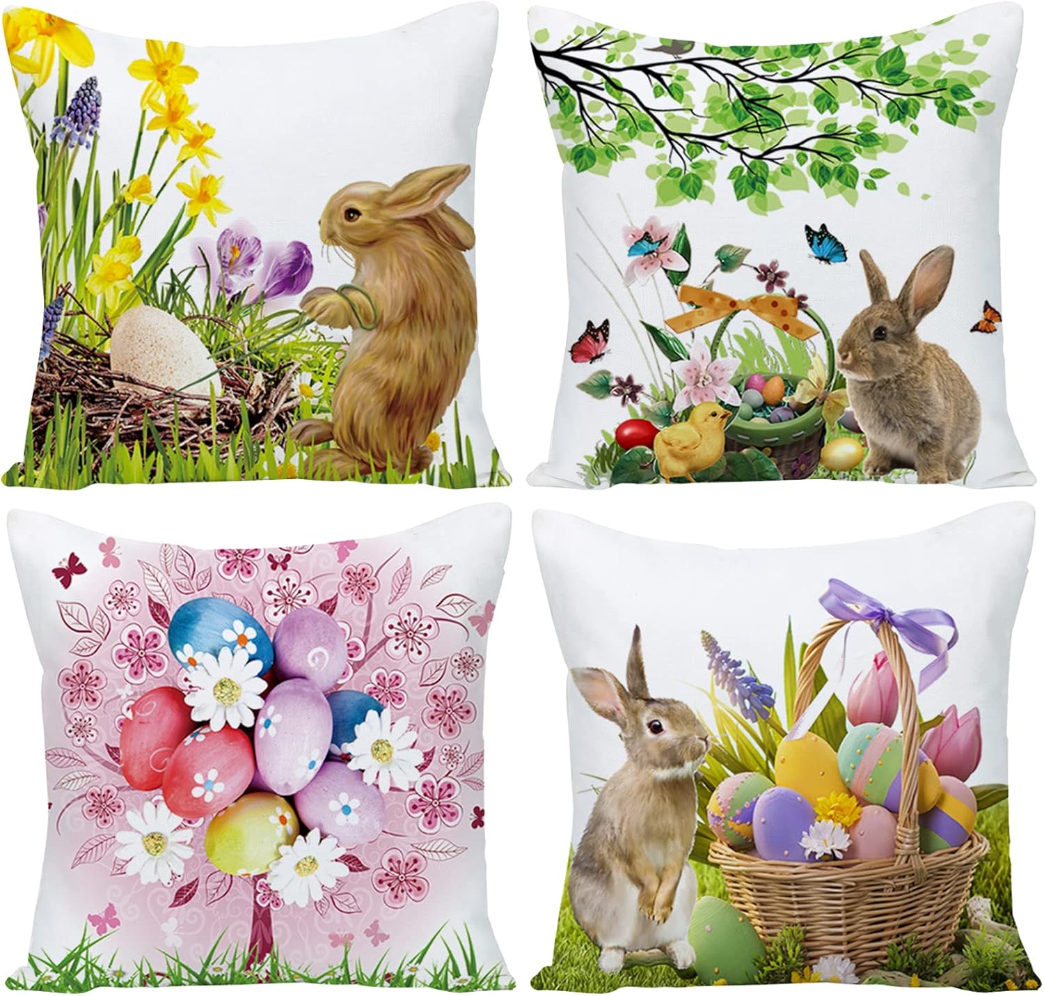 Easter Pillow Covers, 20x20 Easter Pillow Covers, Happy Easter Eggs Tree Bunny