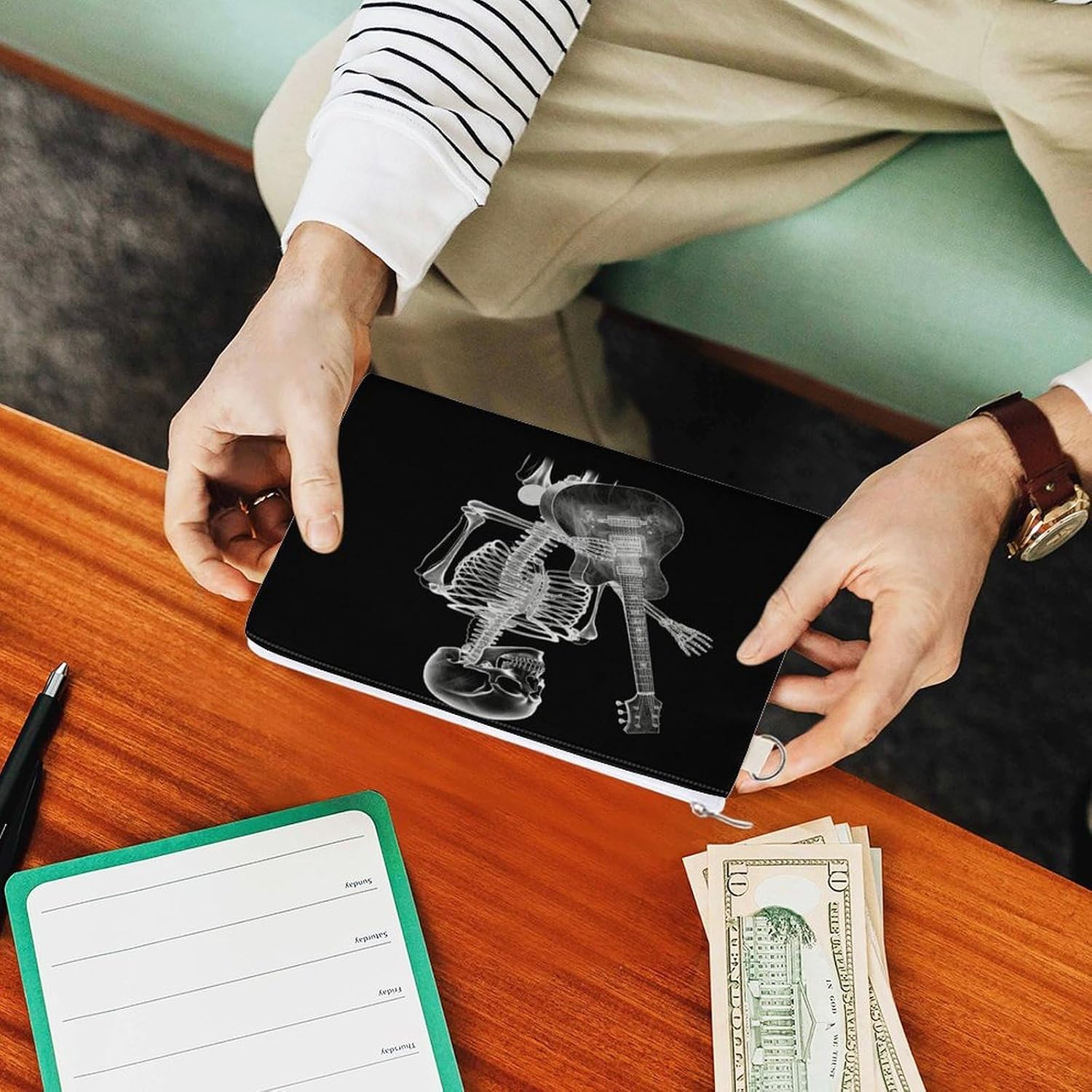 Abstract X-ray Skull Skeleton Playing Guitar Coin Purse,Travel Portable Keychain Wallet Canvas Coin Wallets Mini Zipper Tool Bag Lightweight Change Purse