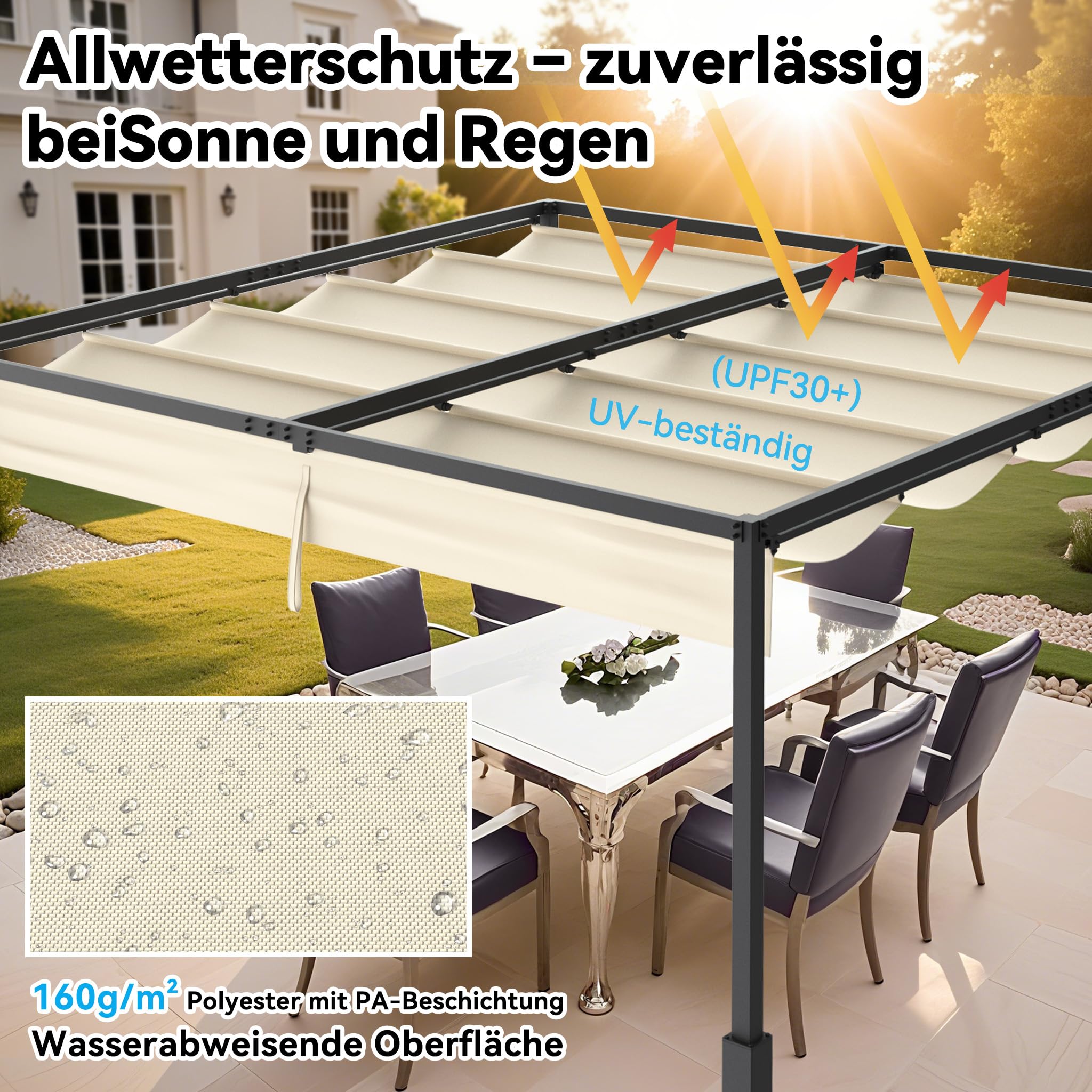 YRHome Pergola z przesuwnym dachem 3 x 3 m, pawilon ogrodowy ze stali i poliestru, wodoszczelny i odporny na warunki zimowe, wolnostojący dach tarasowy z wytrzymałymi metalowymi kolumnami, ochrona