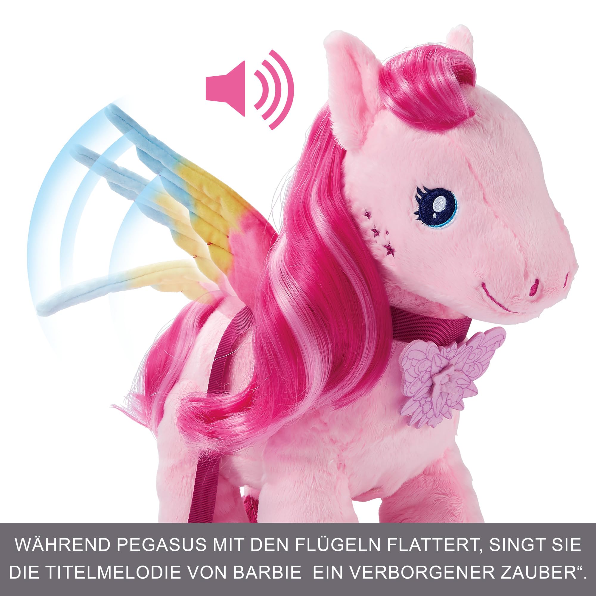 Barbie Mattel Touch of Magic - Gehender und flatternder Plüschpegasus mit Leine, Schmetterlingstaste zum Abspielen von Gesang, Kamm und Spangen, für Kinder ab 3 Jahren, HPJ50
