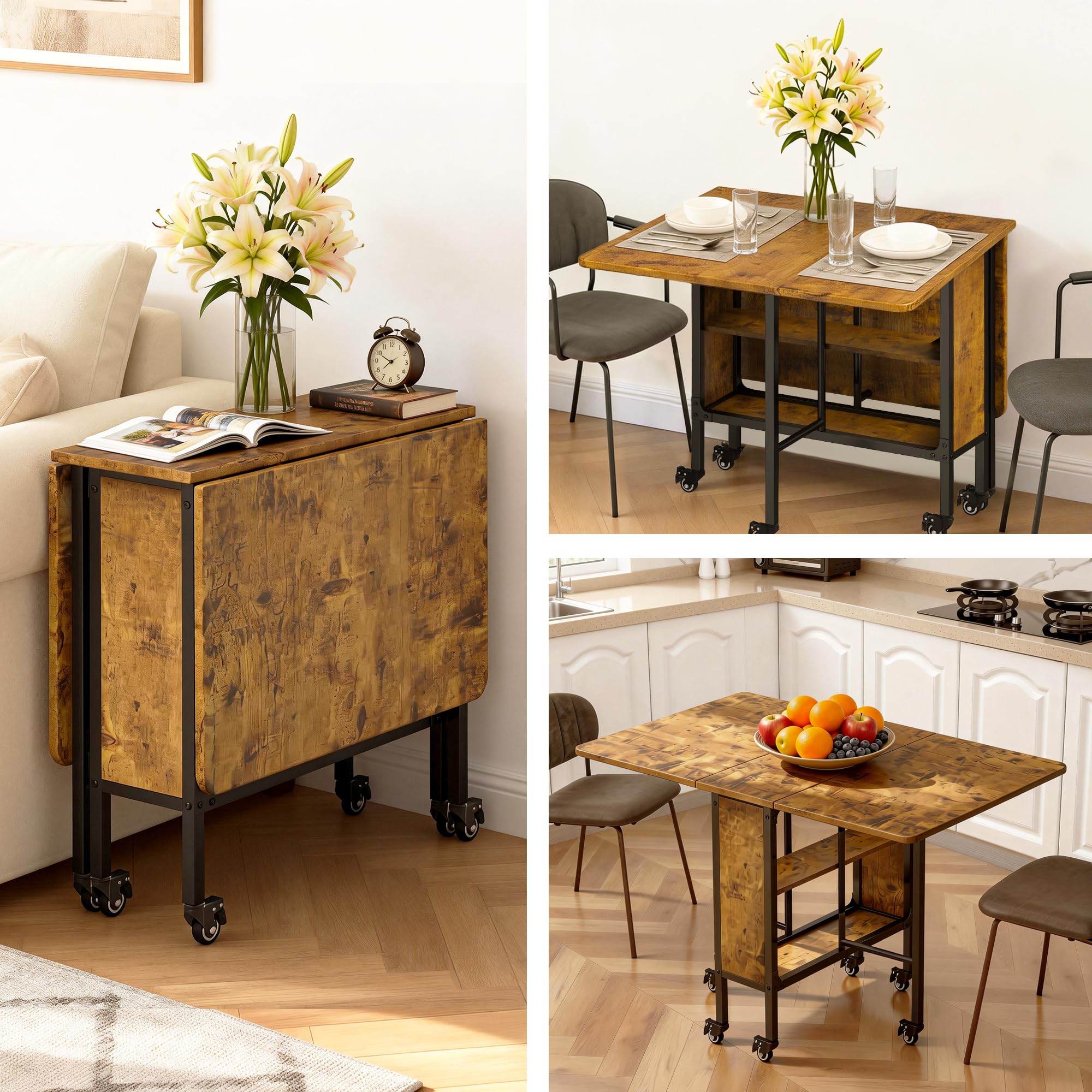 Mesa de Comedor Plegable, Mesa de Cocina Plegable con 6 Ruedas y 2 Estantes Abiertos para Espacios Pequeños, Cocina, Comedor para 4-6 Personas, 130 x 80 x 74 cm (Retro)