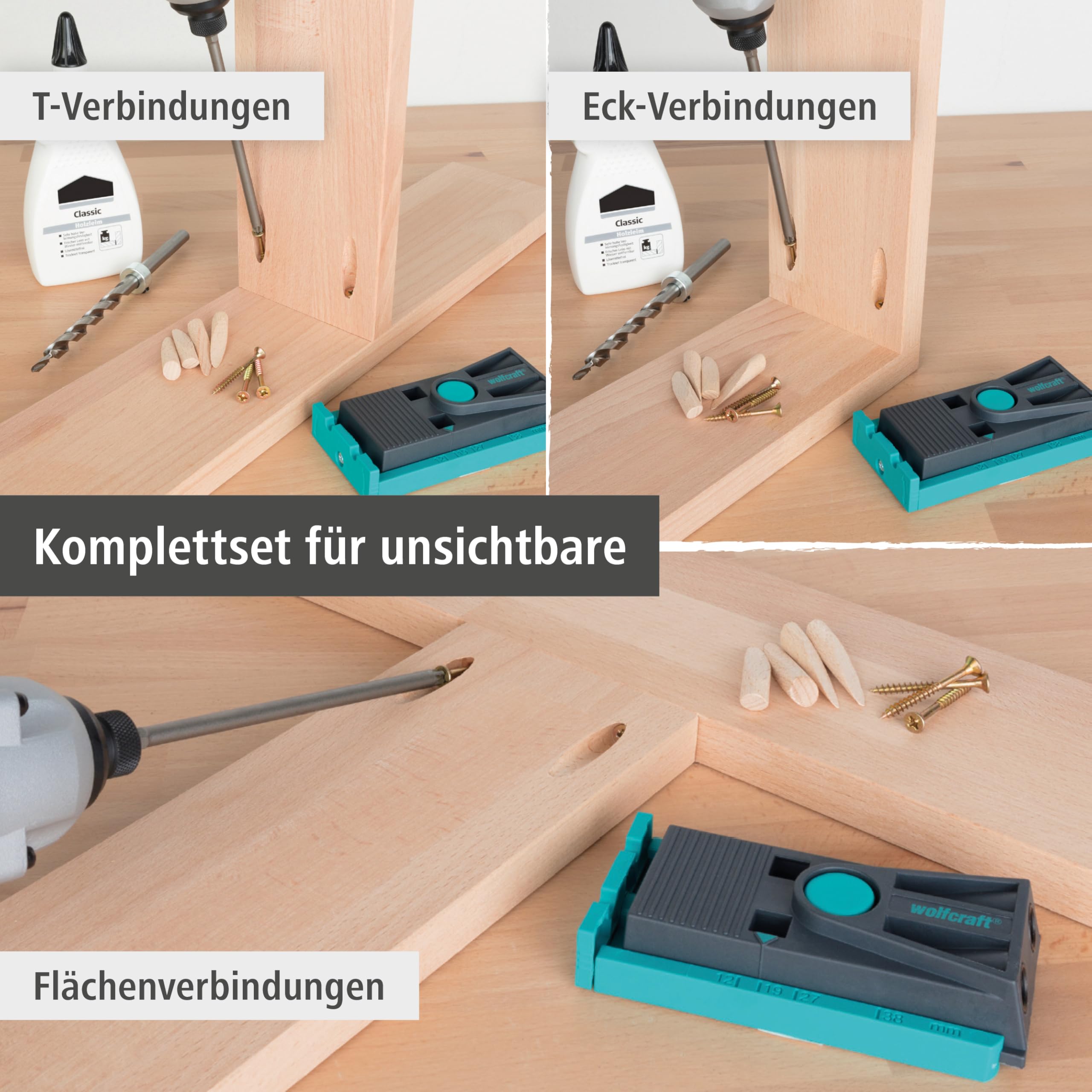 Wolfcraft Undercover Jig Set Torx - Bohrschablone für Holzverbindungen | Versteckte Holzverbindungen für Möbelbau - Stufenbohrer, Holzdübel & Schrauben im Koffer, ab 12 mm Brettstärke - 4642100
