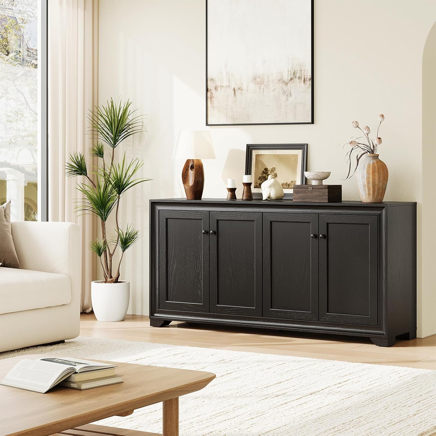 ONBRILL 60" Buffet Cabinet with Storage, 4 Doors Sideboard Buffet Cabinet with Adjustable Shelves, Modern Coffee Bar Console Table for Living Room, Kitchen, Entryway, Black