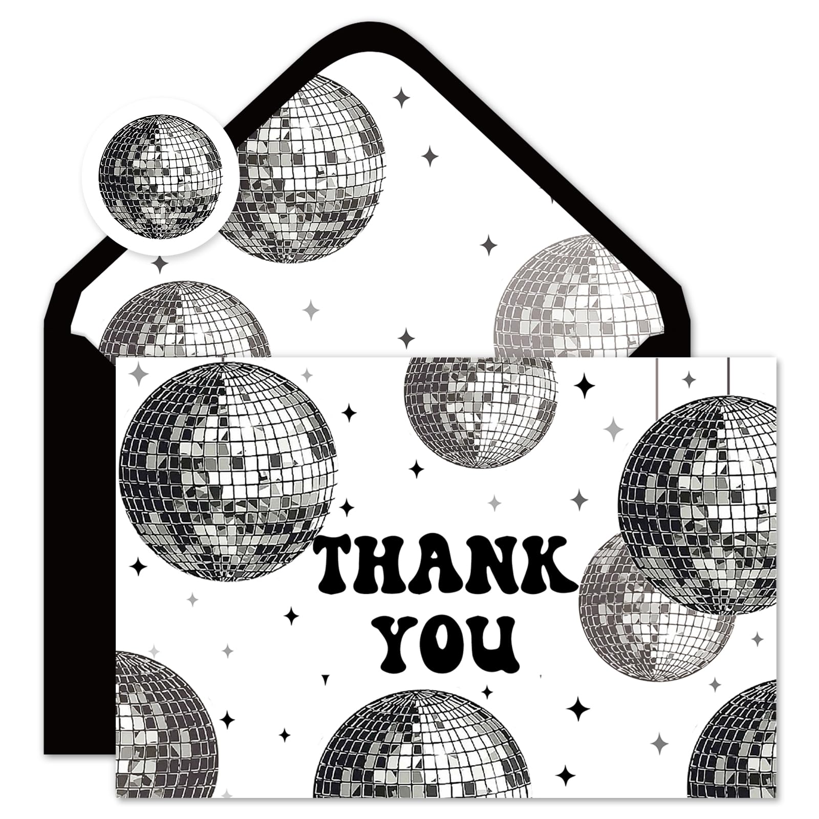 Whaline 36 Pack Disco Thank You Cards Black Silver Disco Ball Star Note Cards with Envelopes Stickers Greeting Blank Cards for Disco Party Birthday Baby Shower