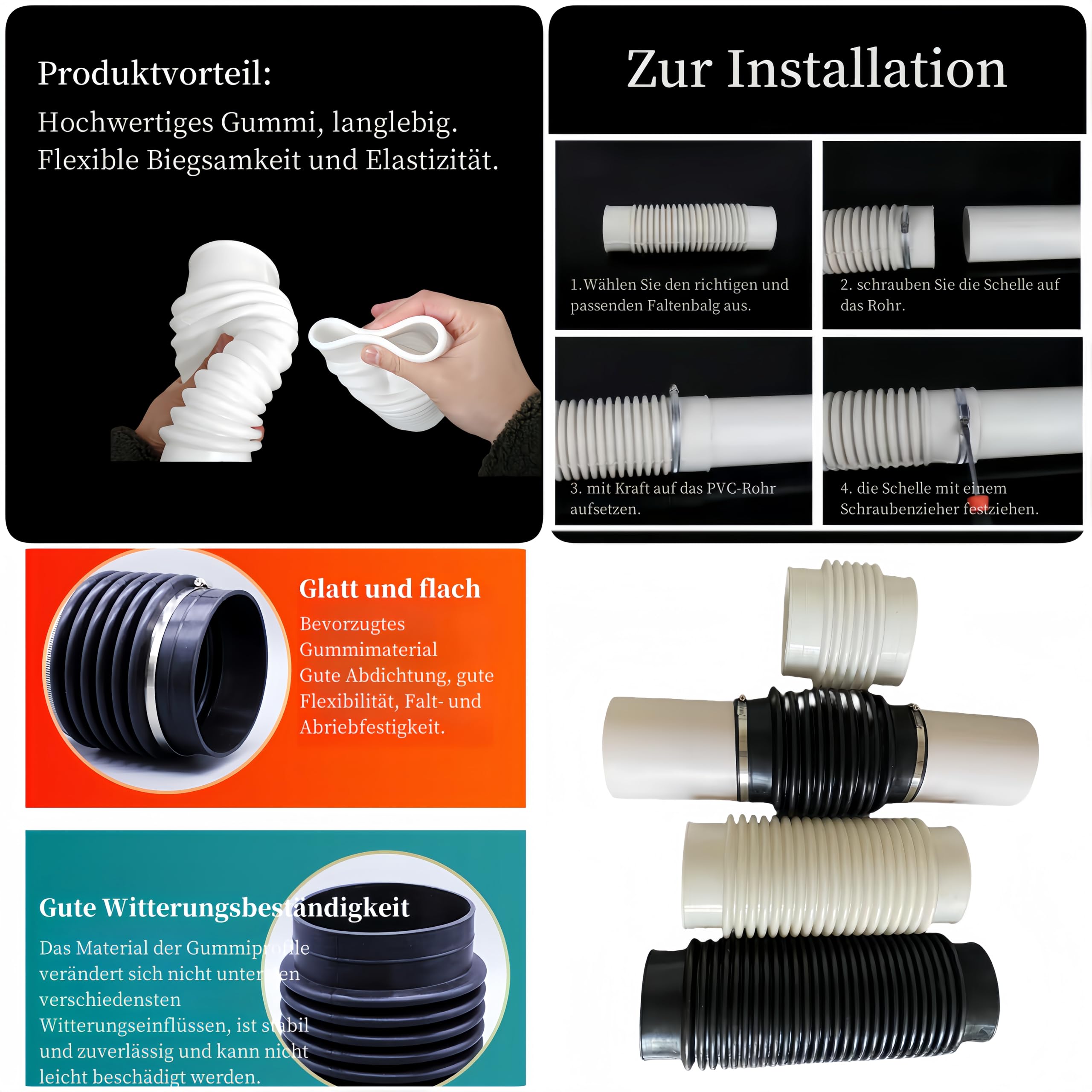 Ø 50 mm, Ø 75 mm, Ø 110 mm, Ø 120 mm, Ø 160 mm, Ø 315 mm, falisty wąż gumowy, rura odpływowa PCW, przyłącze wody deszczowej z dwoma obejmami (biały silikon, interfejs I.D. 150 mm, długość 350