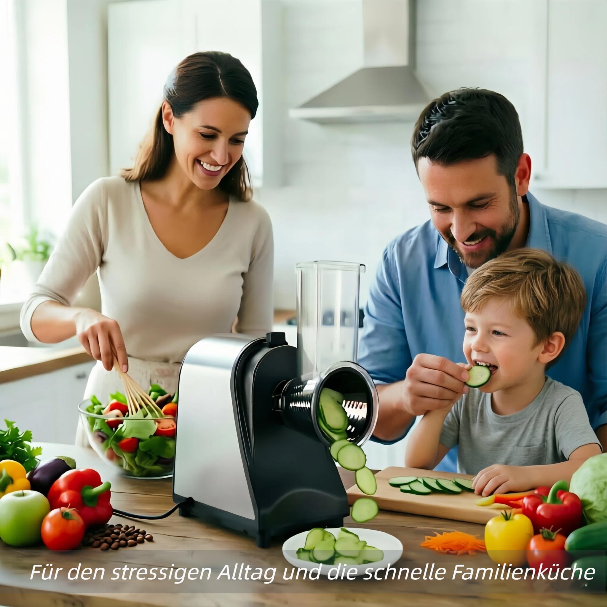 COOCHEER Elektrischer Gemüseschneider 250W mit 5 Trommeln, Edelstahl | 5-in-1Gemüsehobel Reibe für Käse, Obst & Gemüse. Spülmaschinenfest. Ideal für die schnelle und tägliche Familienküche