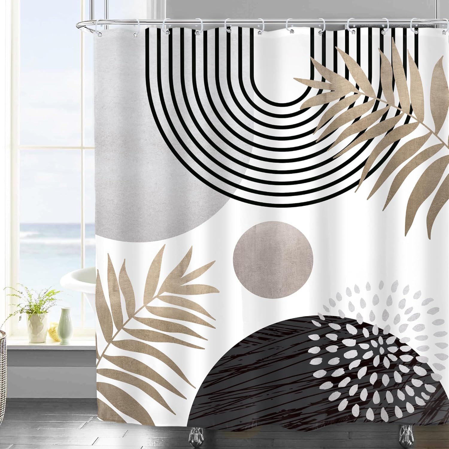 Imirell Boho Gray Black and Gold Shower Curtain 60Wx72H Inches Abstract Mid Century Bohemian Minimalist Leaves Arch Geometric Modern Botanical Fabric Waterproof Polyester with 12 Pack Hooks Plastic