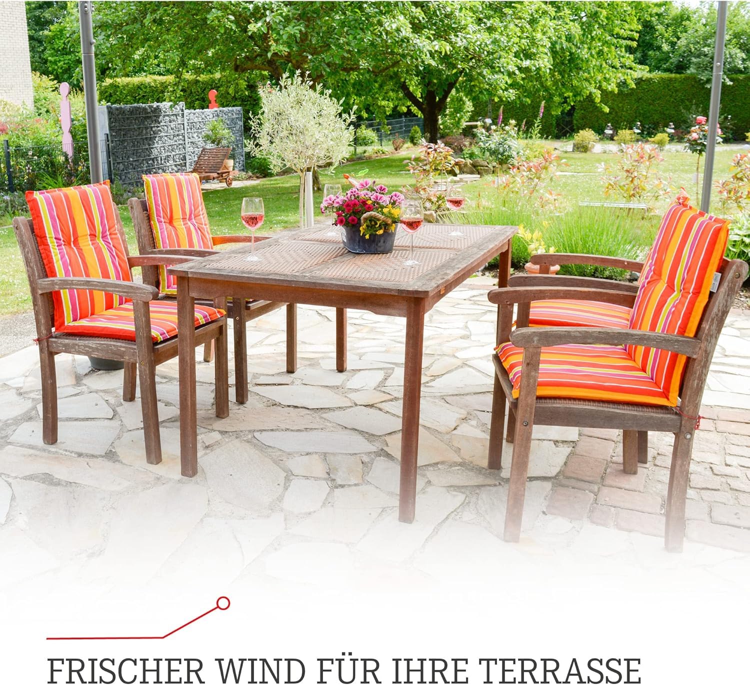 Beo Gartenstuhl-Auflagen Kos Niedriglehner 80x44 cm, 6er Set | Waschbare, UV-beständige Sitz-Kissen | Atmungsaktive Polster-Auflagen nach Öko-Tex Standard | Blau-Grün gestreift | Made in EU