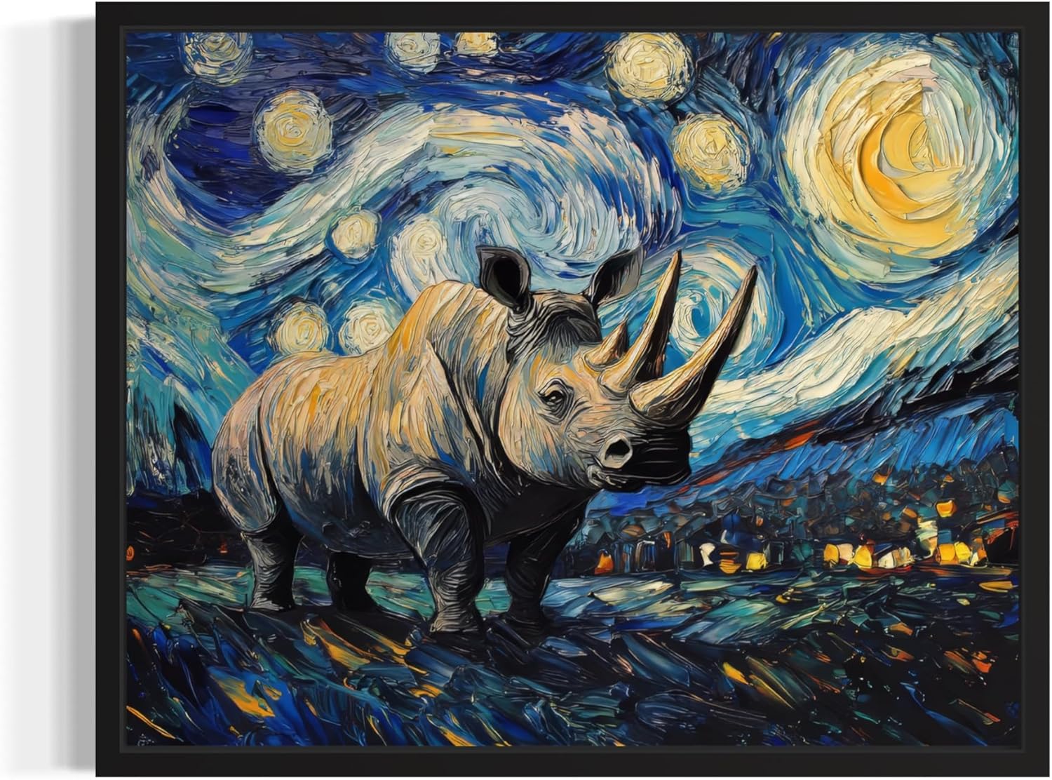 Rhino Art Print Poster, Animal Van Gogh Starry Night Nature Theme Wall art Painting Decor, Art Home Artwork For Bedroom, Bathroom Living Room 79B (Rhino, 16 x 20 inches, Black Frame)