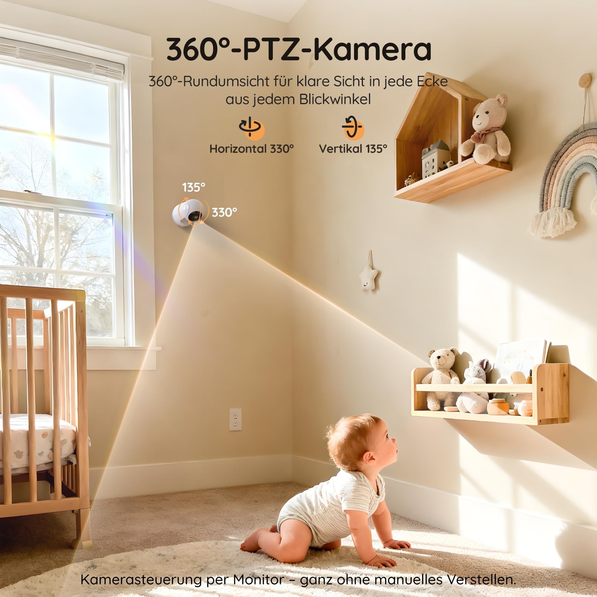 Boifun Babyphone mit Kamera, 5" IPS Video Babyfon ohne WLAN, PTZ 360 Grad Nachtsicht, Geräusch-/Temperaturerkennung, Plug & Play, 300m Hohe Reichweite, 3050mAh Akku, Zwei-Wege Audio, Wiegenlieder