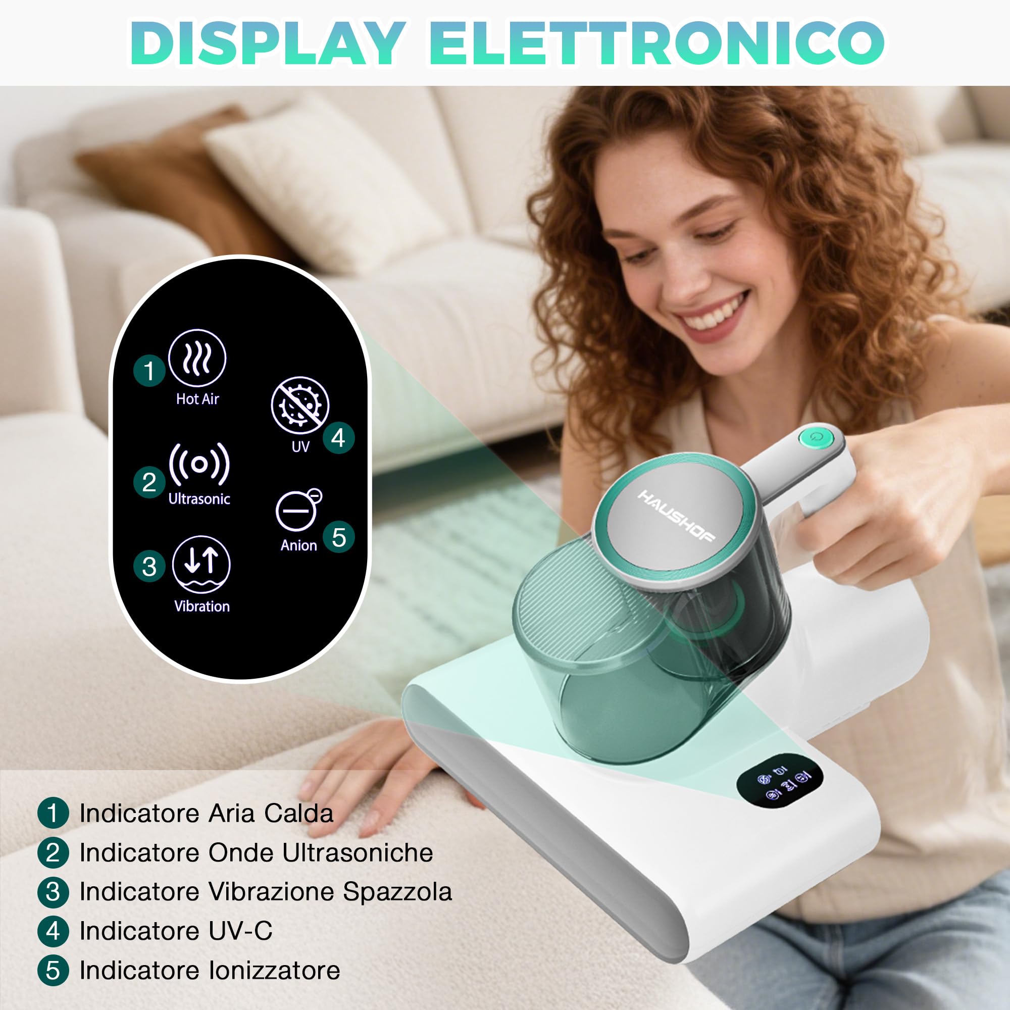 HAUSHOF Aspirapolvere per Materassi, Battimaterasso Antiacar 16 kPa con Luce UV-C 275 nm, 60 °C Aria Calda, Filtro HEPA, Doppio serbatoio della Polvere, per Letto, Divano