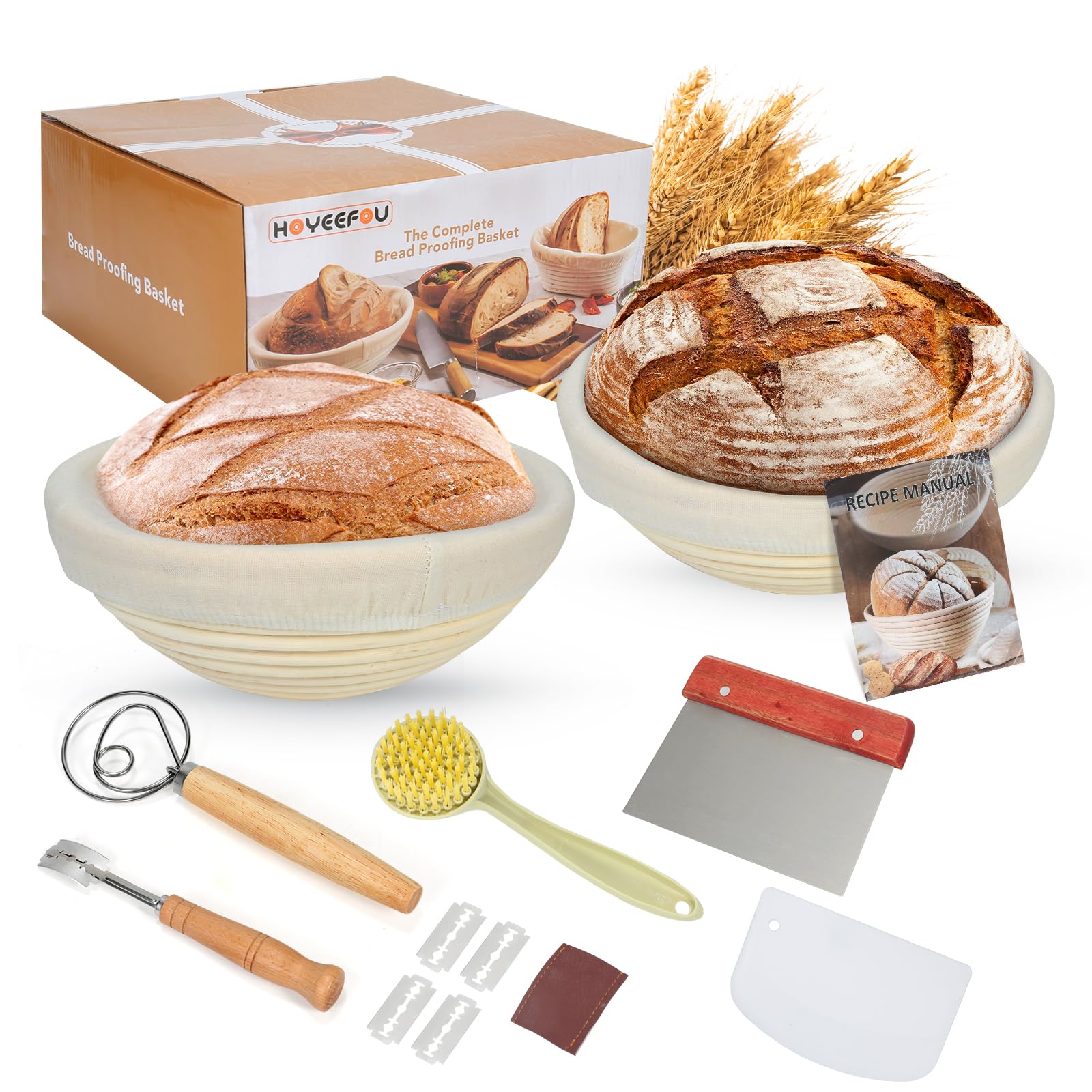 HOYEEFOU Sourdough Starter Kit, Banneton Bread Proofing Basket Set of 2 9" Round Dough Proofing Bowls, Sourdough Bread Baking Supplies with Whisk,Lame