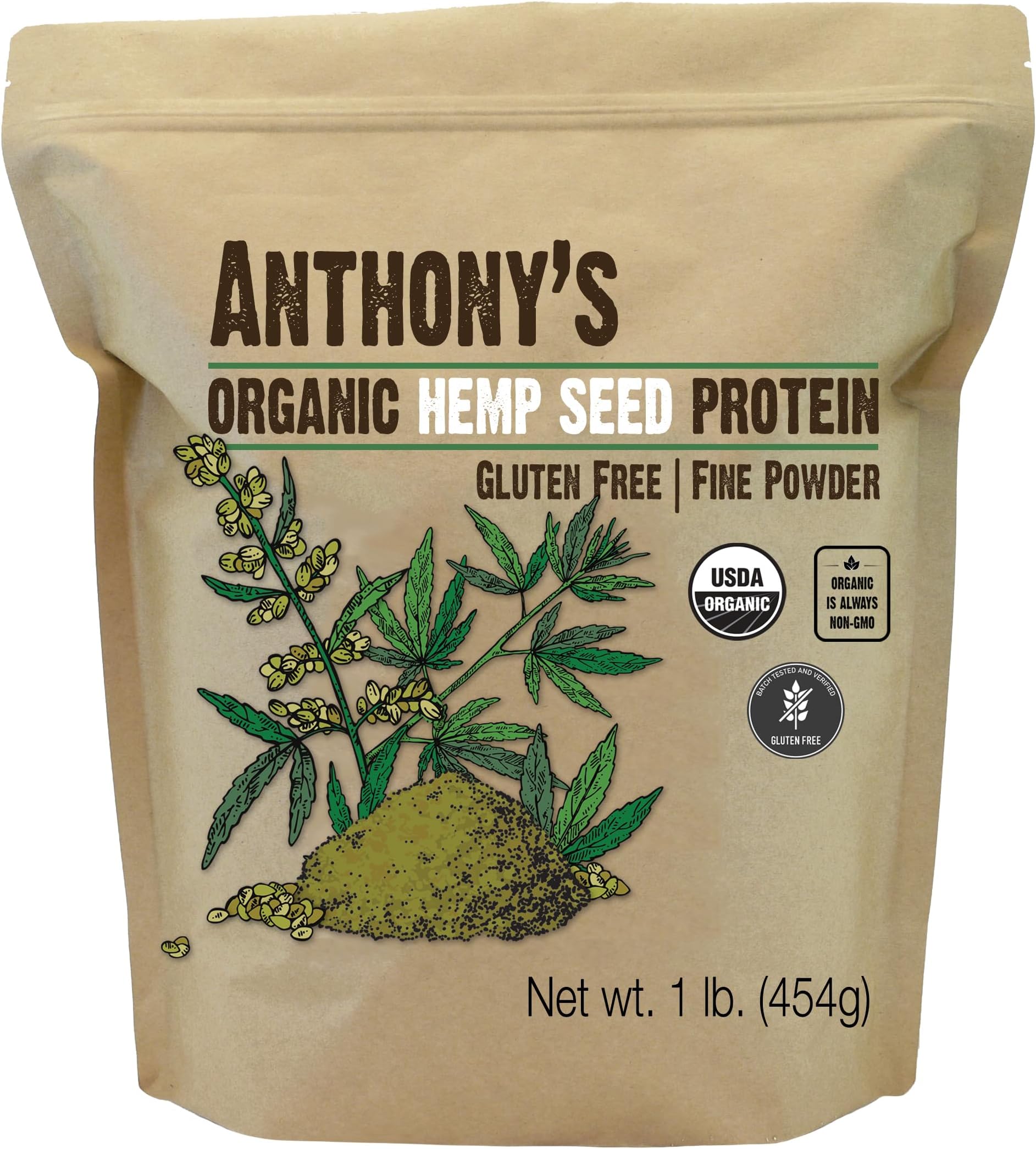 Anthony's Organic Hemp Seed Protein Powder, 1 lb, Cold Pressed, Gluten Free, Non GMO, Fine Powder