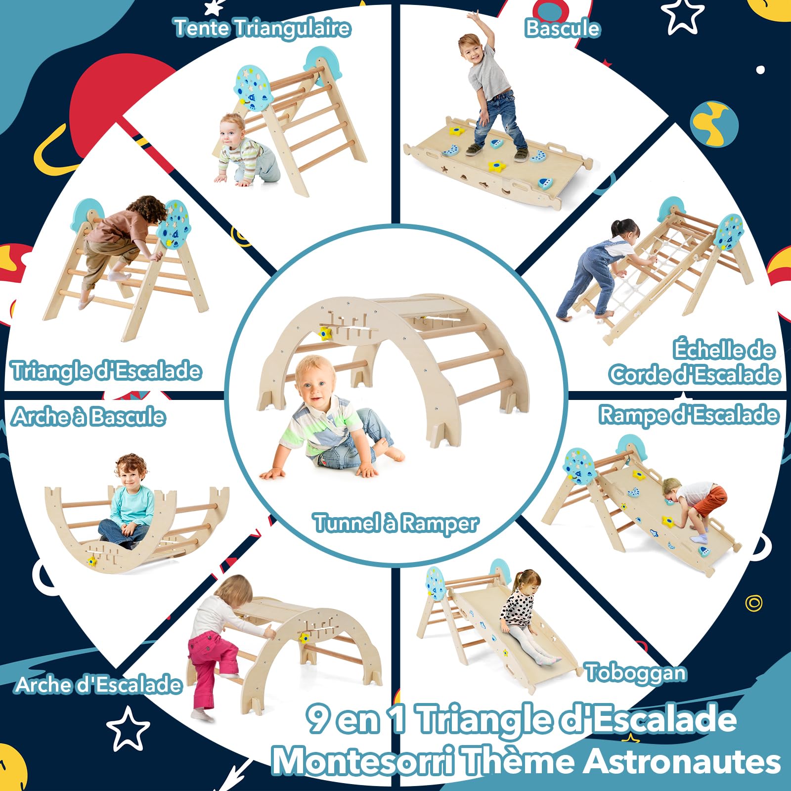 DREAMADE 9 en 1Triangle d'escalade Montessori en Bois Astronaute, Filet, Arche d’Escalade Pliable Éducative pour Enfants, Aire de Jeux Bébé pour Salon, Chambre, Maternelle (Naturel)