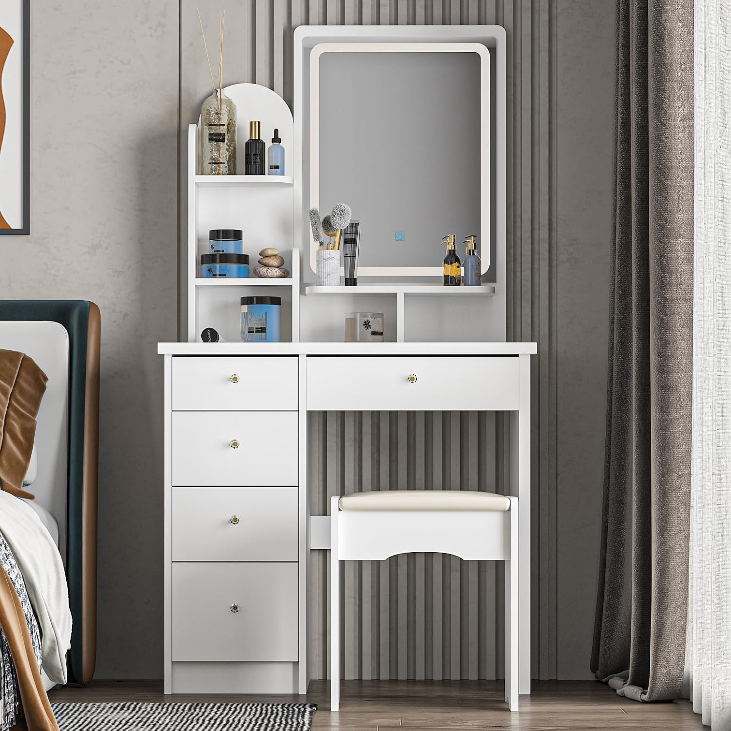 Vanity Table Set with Lighted Mirror, Makeup Table with 3 Shelves and 5 Drawers, Dressing Vanity Tables, Dresser Desk for Girls, Women, White