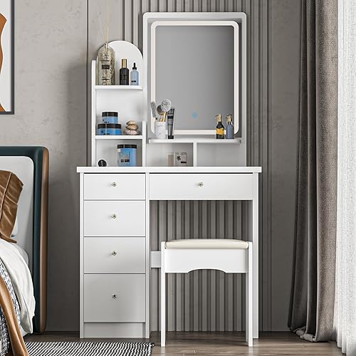 Juego de mesa de tocador con espejo iluminado, mesa de maquillaje con 3 estantes y 5 cajones, mesas de tocador de vestir, escritorio tocador para