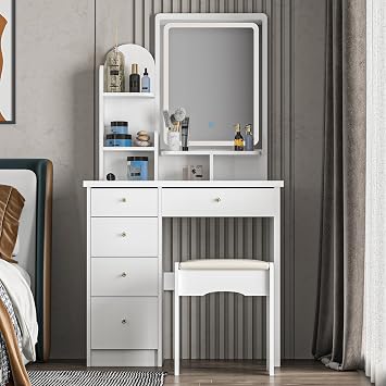 AGOTENI Vanity Table Set with Lighted Mirror, Makeup Table with 3 Shelves and 5 Drawers, Dressing Vanity Tables, Dresser Desk for Girls, Women, White
