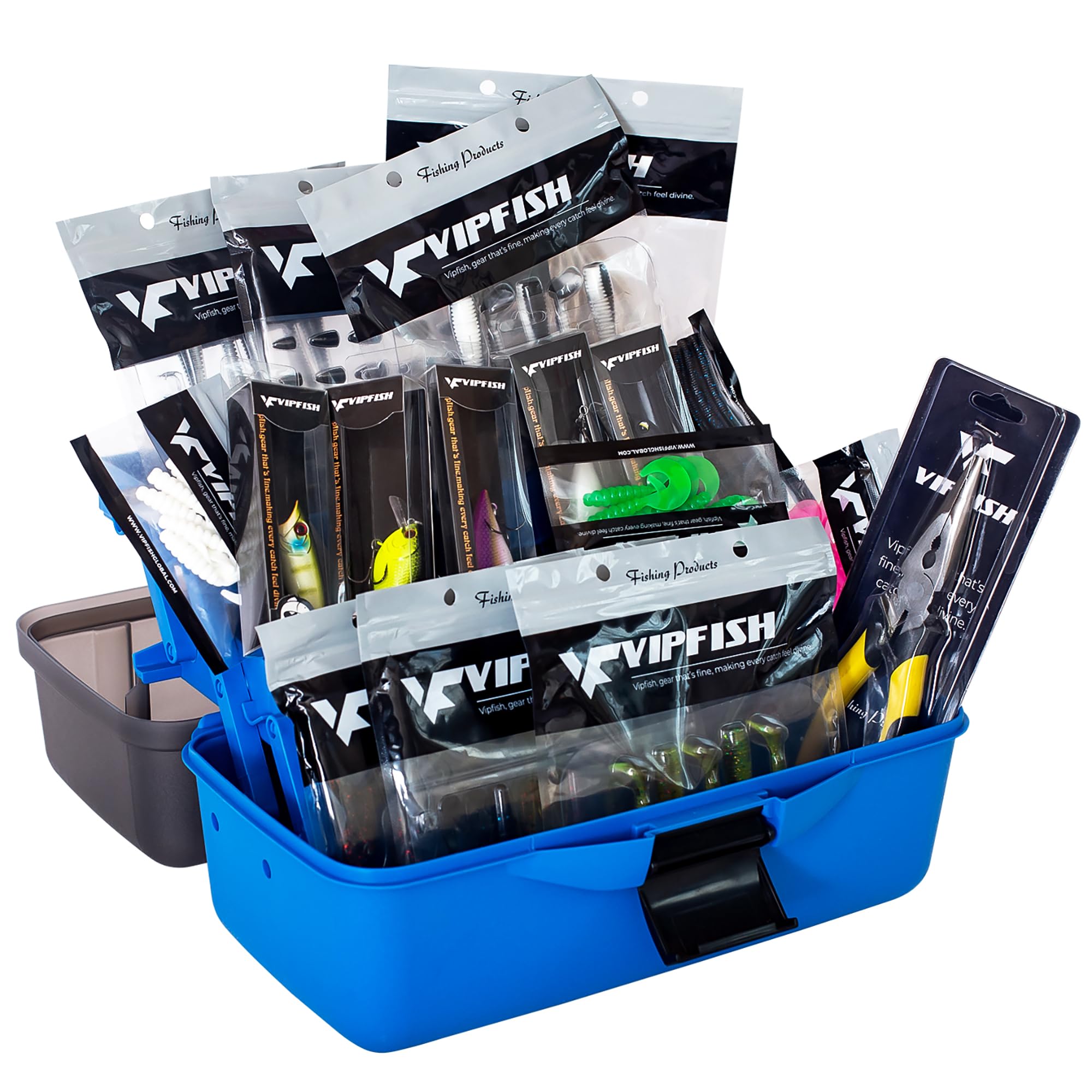 Vipfish Fishing Tackle Box with Tackle Included Lures, Hooks, Weights, 3-Layer Freshwater Fishing Tackle Kit for Bass Trout Walleye Fishing Gear and