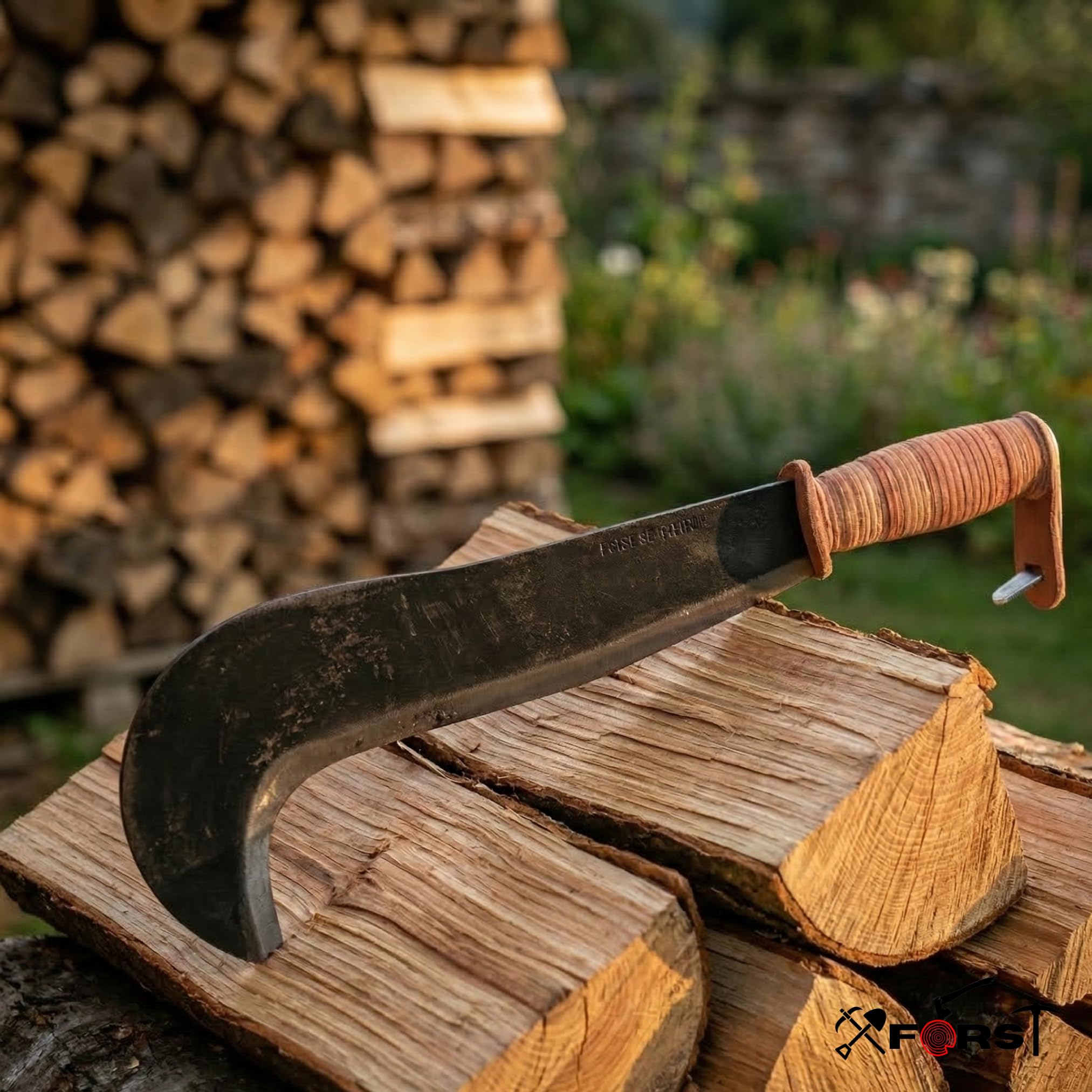 Xforst Schweizer Gertel mit Ledergriff – Gartenmachete, Sichel, Machete & Hippe aus Stahl mit Korrosionsschutz, inkl. Schneidenschutz & 2 Schleifsteinen, für Garten, Outdoor & Bushcraft, 43 cm – SWS