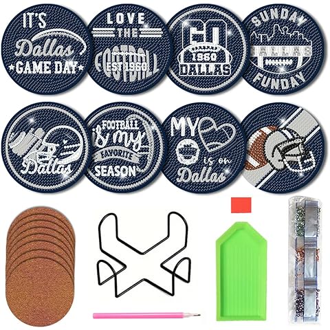 Bartogro 8 Pcs Diamond Painting Coaster Kits, DIY Football Diamond Art Coasters with Holder Sports Diamond Art Crafts Supplies for Dallas Design