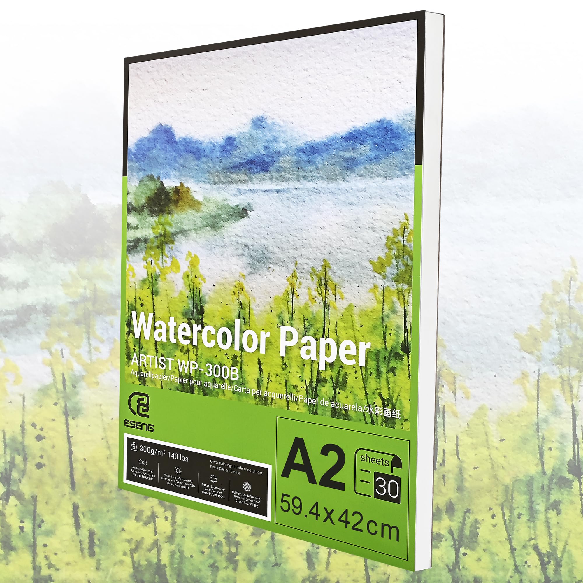 ESENG® Papel de acuarela premium DIN A2, 100% algodón, 30 hojas, 300 g/m², blanco, bloc de acuarela, papel para acuarela, dibujo, pintura