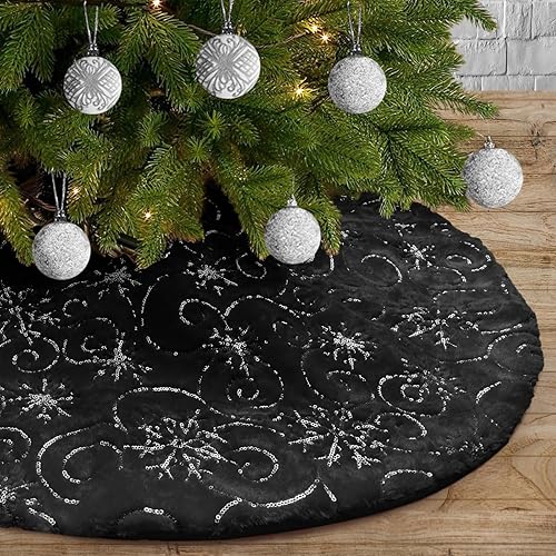 Vista 162 de Faldones de felpa para árbol de Navidad, 36 pulgadas, tapete de lujo de piel sintética blanca nevada con copos de nieve dorados para decoración