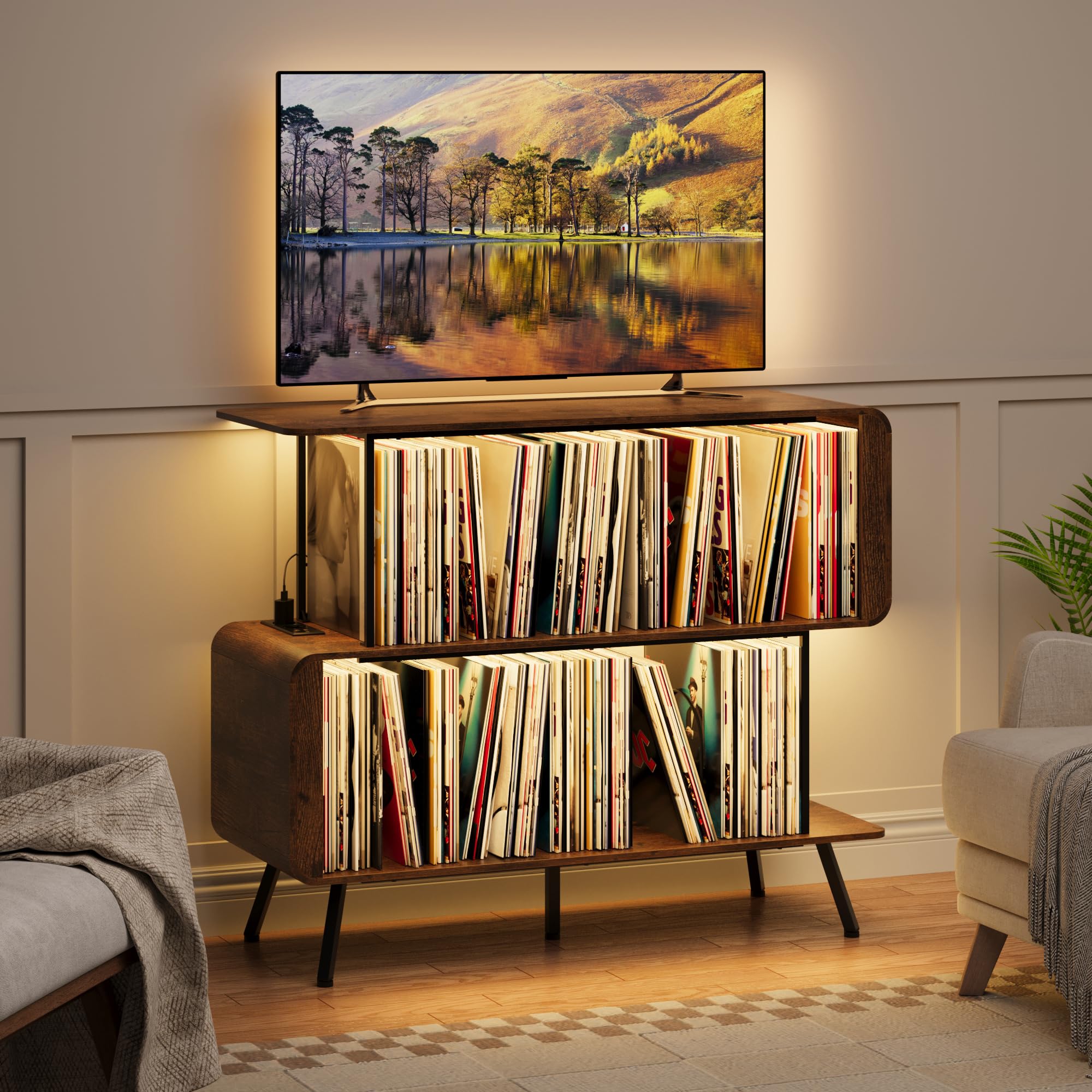 BACEKOLL Plattenspieler Regal mit EU-Steckdose & LED Beleuchtung, Schallplatten Aufbewahrung für 250+ LPs, Großer Plattenspieler Tisch mit USB-Anschluss, Mediaschrank für Wohnzimmer, Walnuss 108x45x73