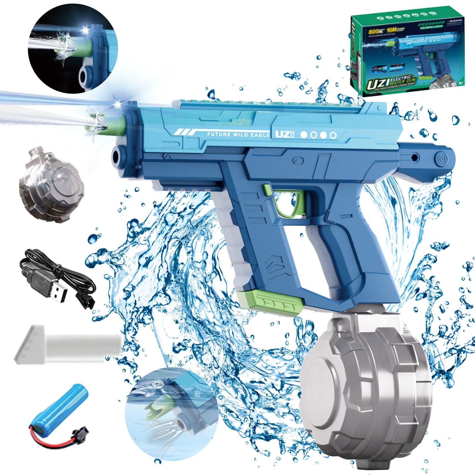 Shinybox Pistola de Agua Eléctrica, Pistola de Agua Electronica Automatica con Luz LED 800 CC Gran Capacidad, Juguete de los Niños para Piscinas, Paquetes de Pistola de Agua para Niños