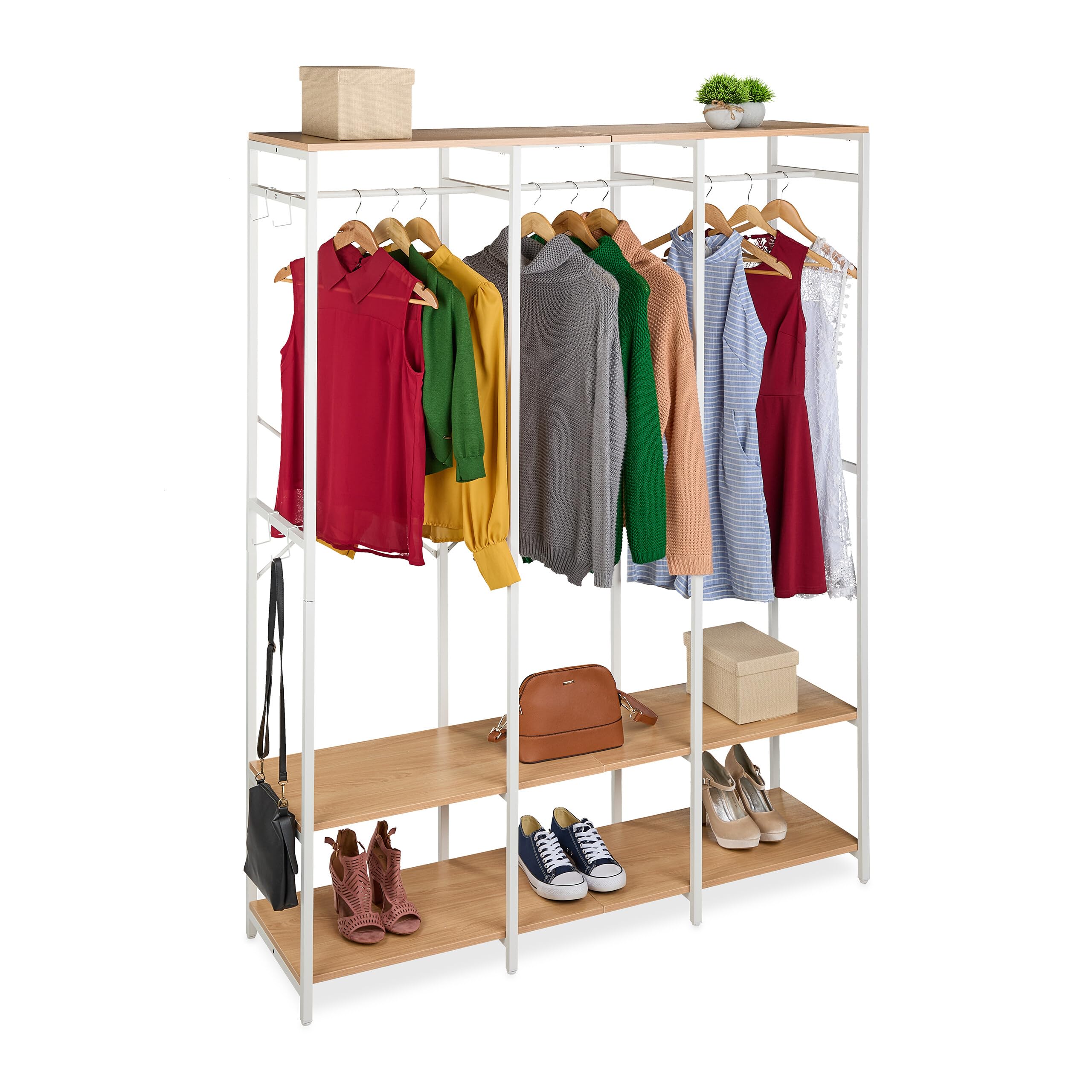 Relaxdays Open Wardrobe, clothes rack, shelves & rail, HWD: 180x141x40 cm, metal, white/natural