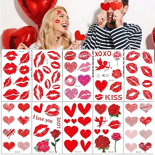 83 calcomanías temporales de tatuajes de labios rojos para el día de San Valentín, labios rojos, beso de amor, cupido, rosa, ramo de rosas, tatuajes